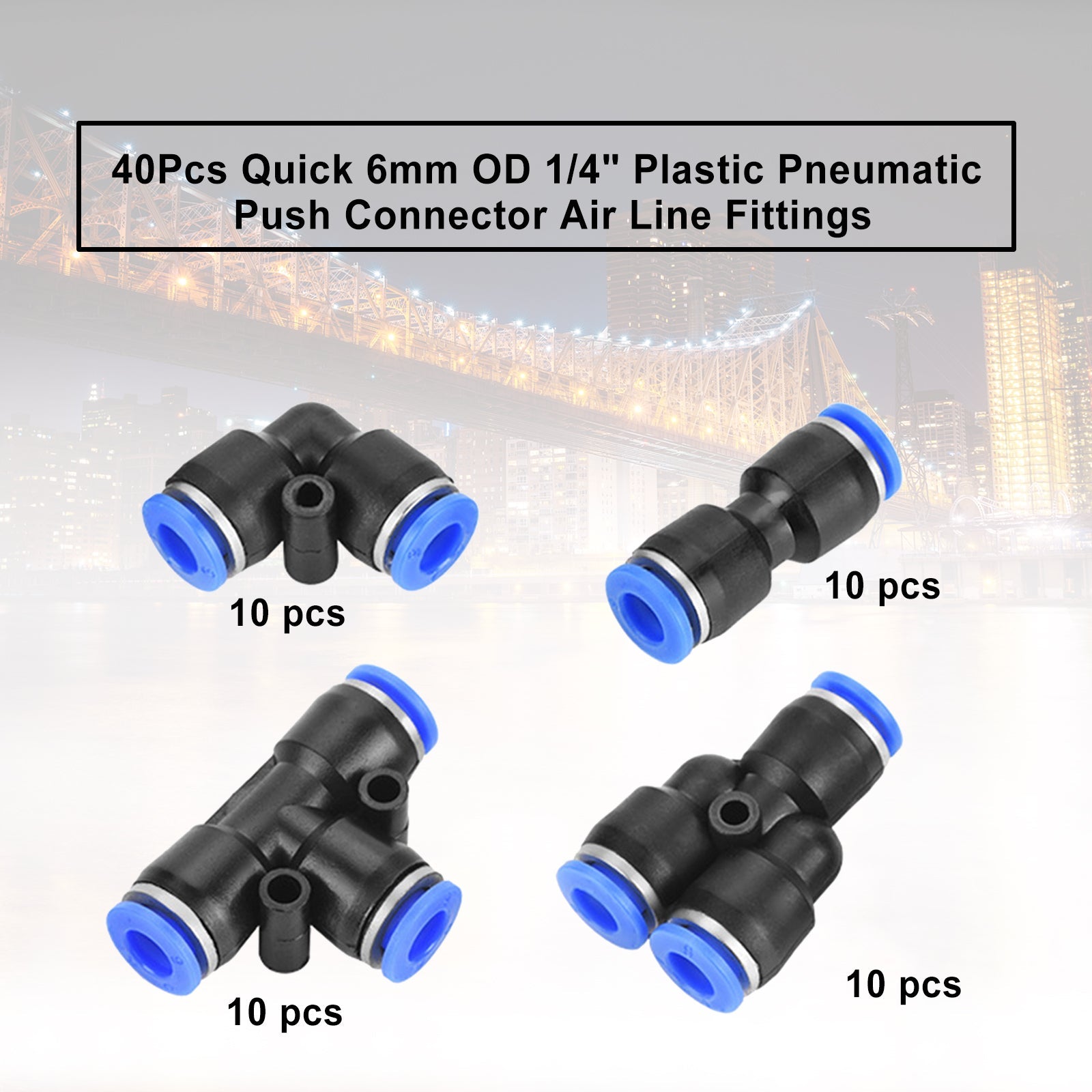 40Pcs Quick 6mm OD 1/4" Plastic Pneumatic Push Connector Air Line Fittings