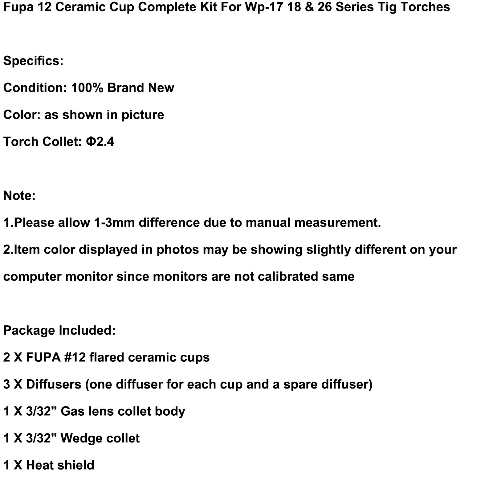 Fupa 12 Ceramic Cup Complete Kit For Wp-17 18 & 26 Series Tig Torches