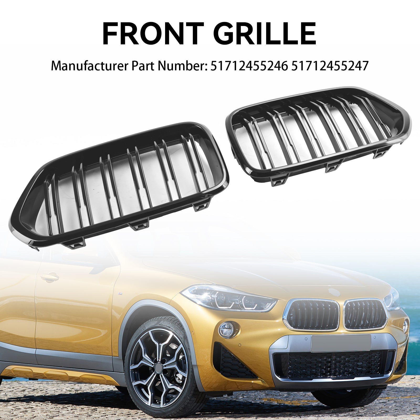 BMW X2-serie F39 2018-2023 Glanzend zwarte voorbumpergrille