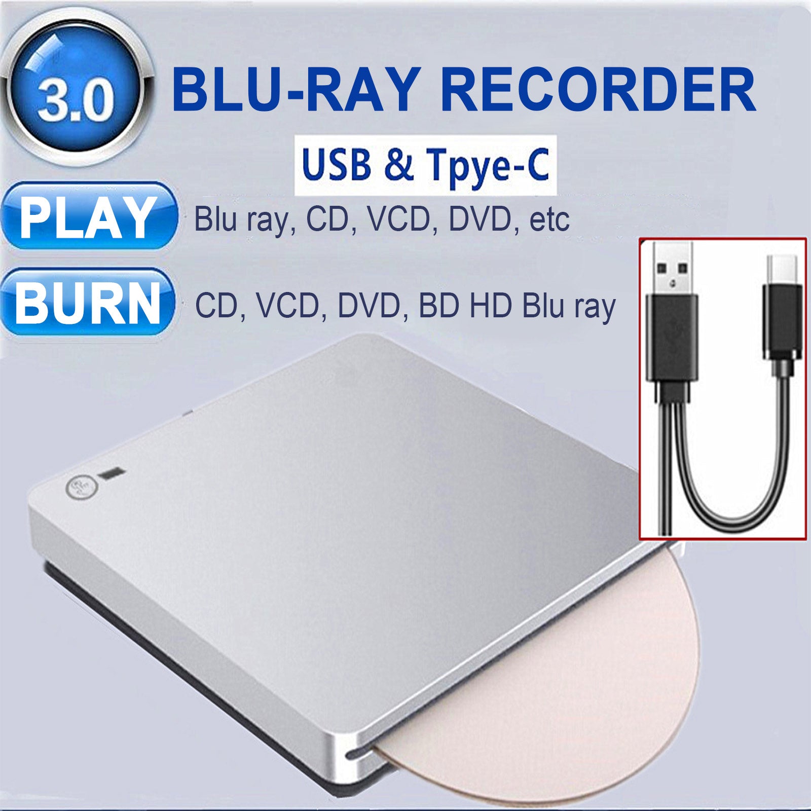 Blu-ray 24X BD Burner Slot In External BD Writer CD DVD Drive USB 3.0 Disc Burner Player Writer Fit for Desktop Laptop/Mac/MacBook Pro/Air/Windows XP/7/8/10 Mac OS