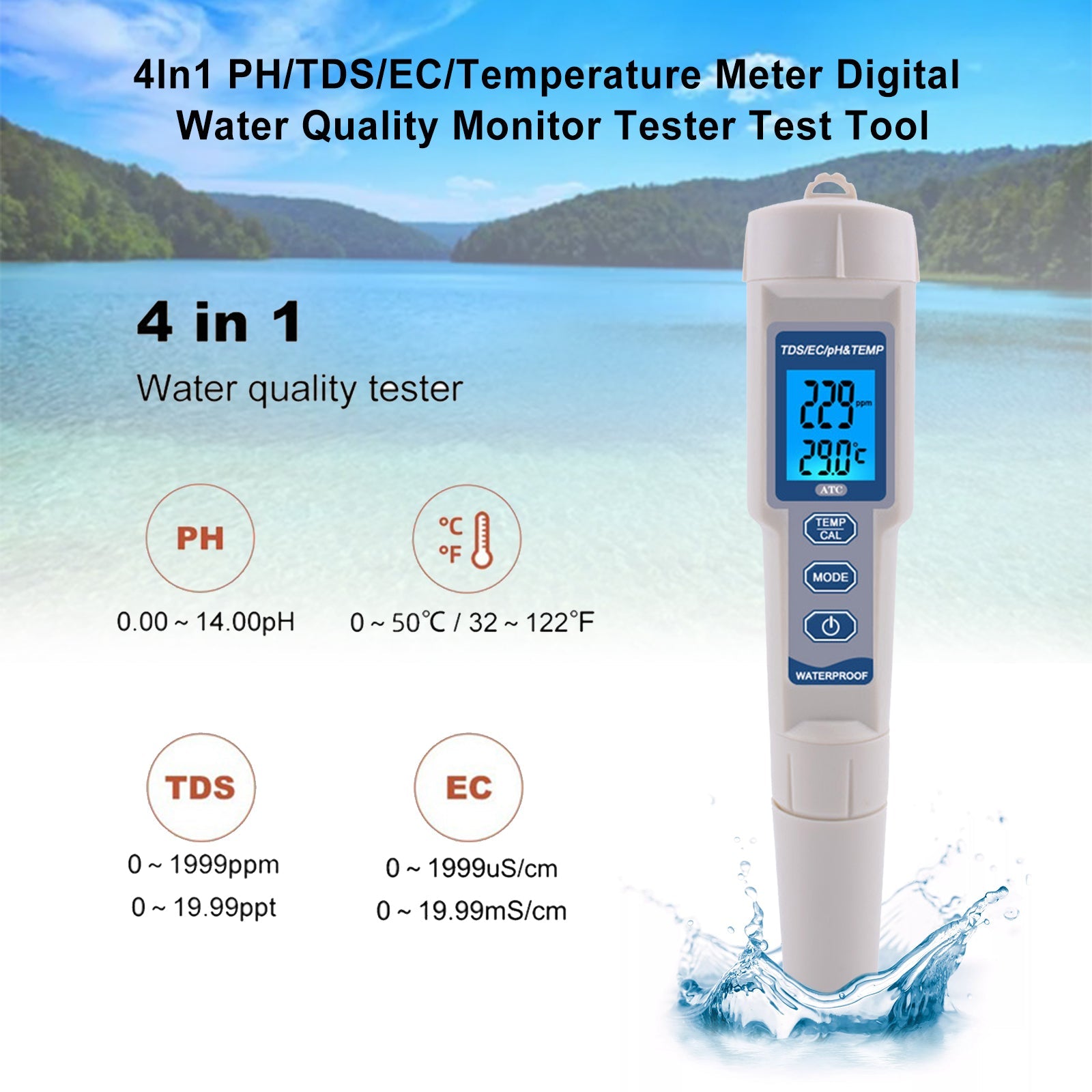 4In1 PH/TDS/EC/Temperatuurmeter Digitale waterkwaliteitsmonitor Tester Testtool