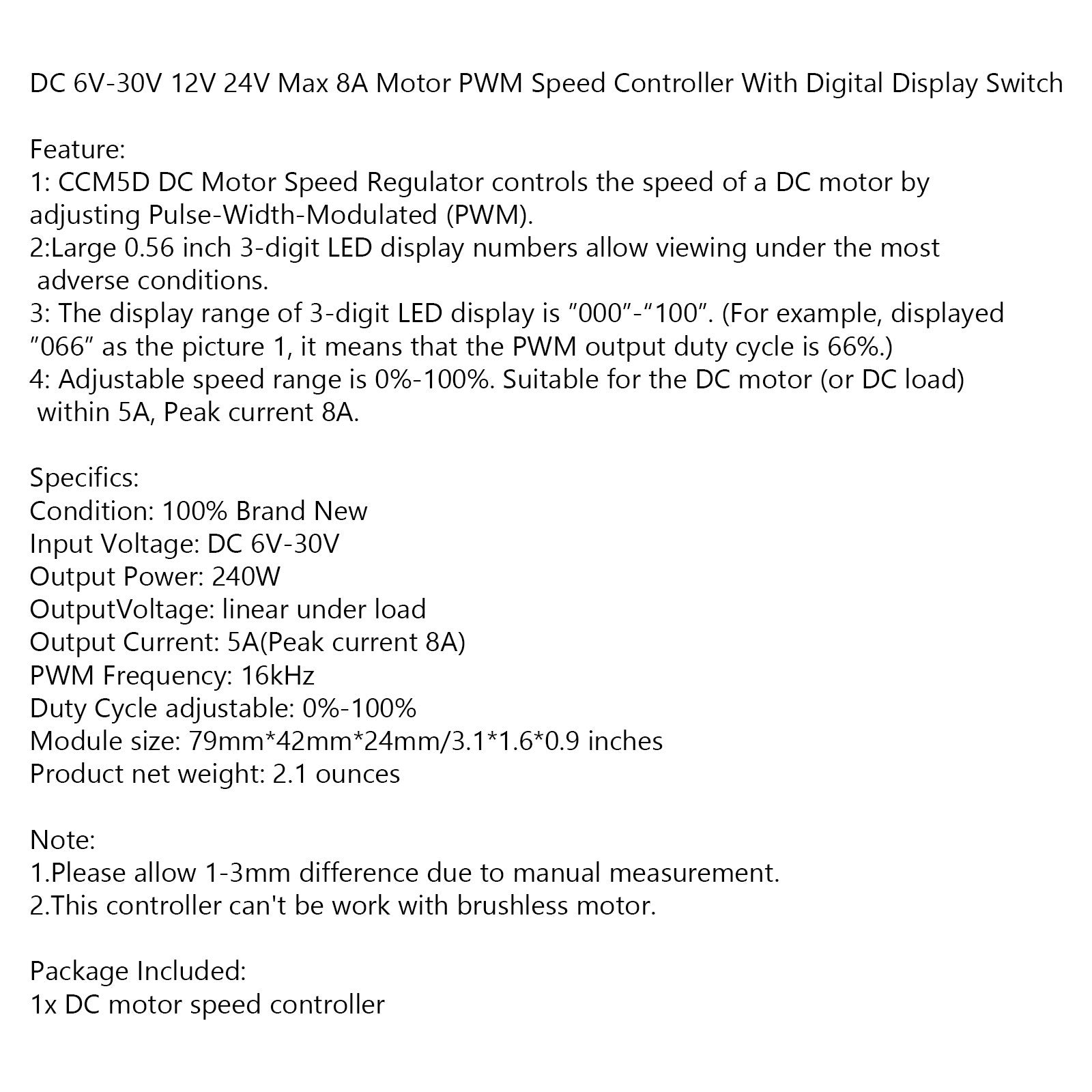 DC 6V-30V 12V 24V Max 8A Motor PWM Snelheidsregelaar met digitale displayschakelaar