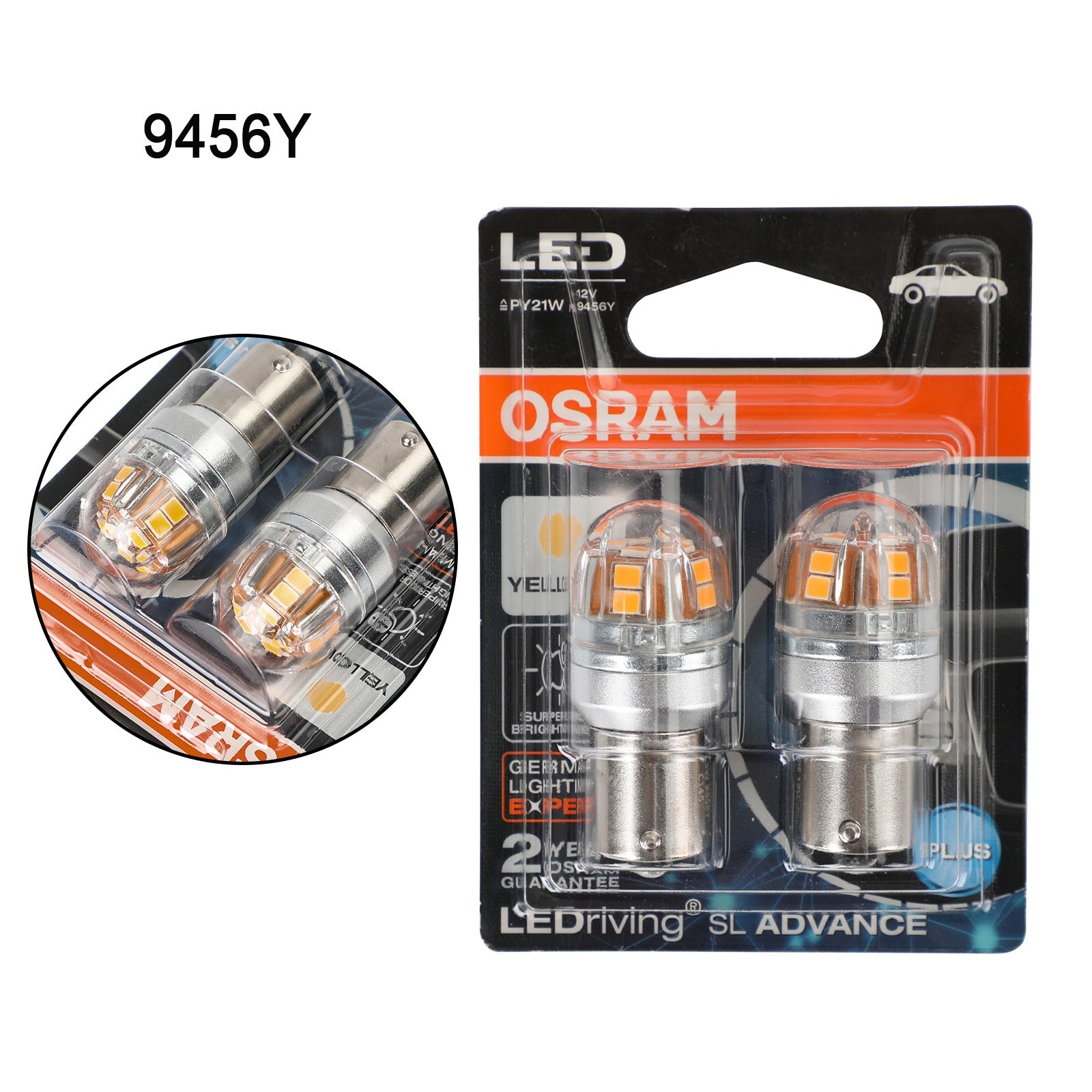 2x For OSRAM 9456Y Car Auxiliary Bulbs LED PY21W 12V2.5W BAU15s Generic