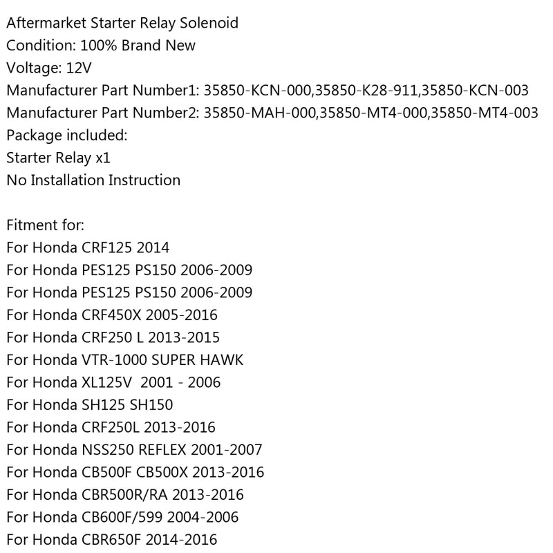 Areyourshop Starter Relay Solenoid For Honda CRF450X CB500F CB600F CBF 500 600 1000 CTX700N