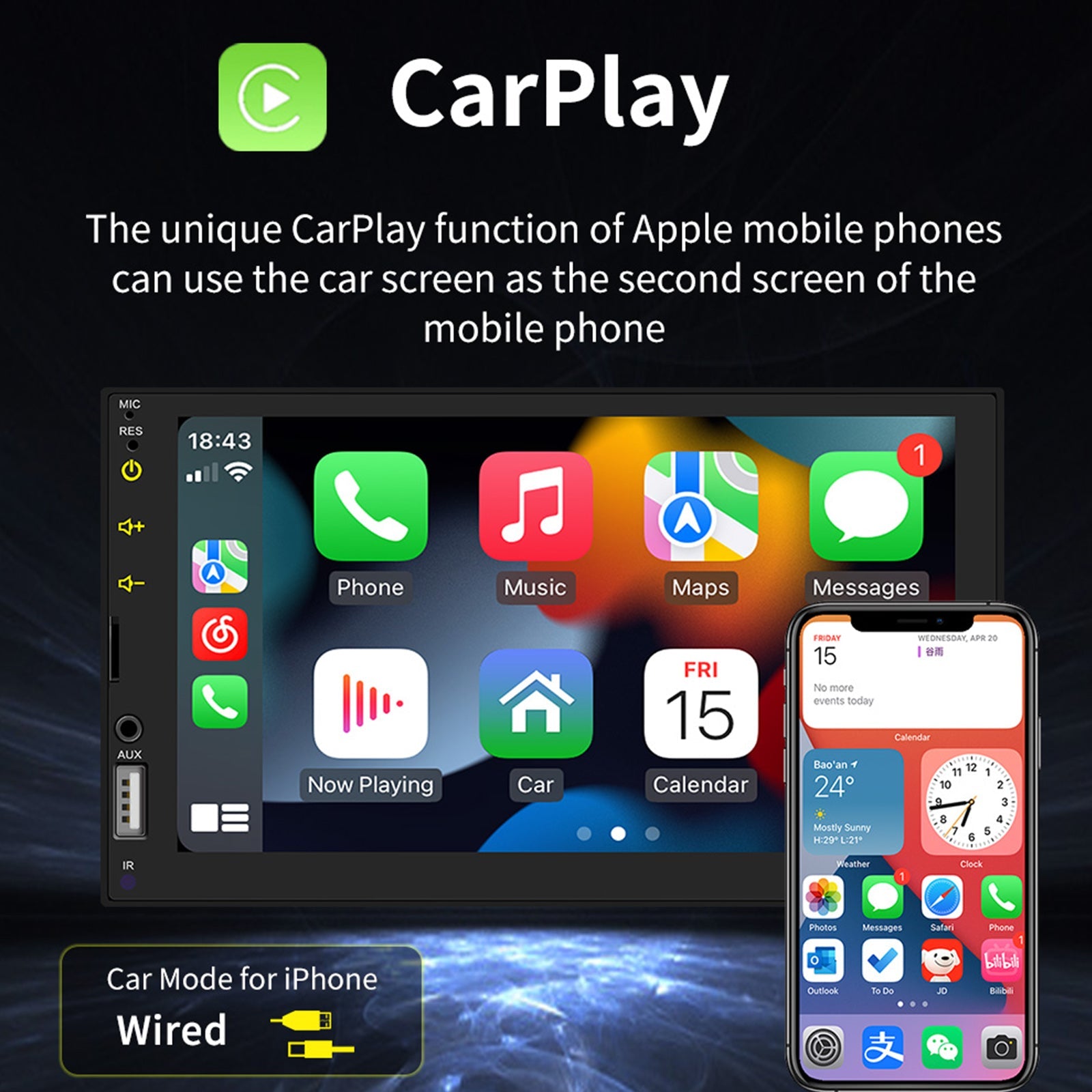 Lecteur MP5 de voiture Carplay filaire 7 ", Bluetooth, carte MP3, Radio + 4 caméras LED