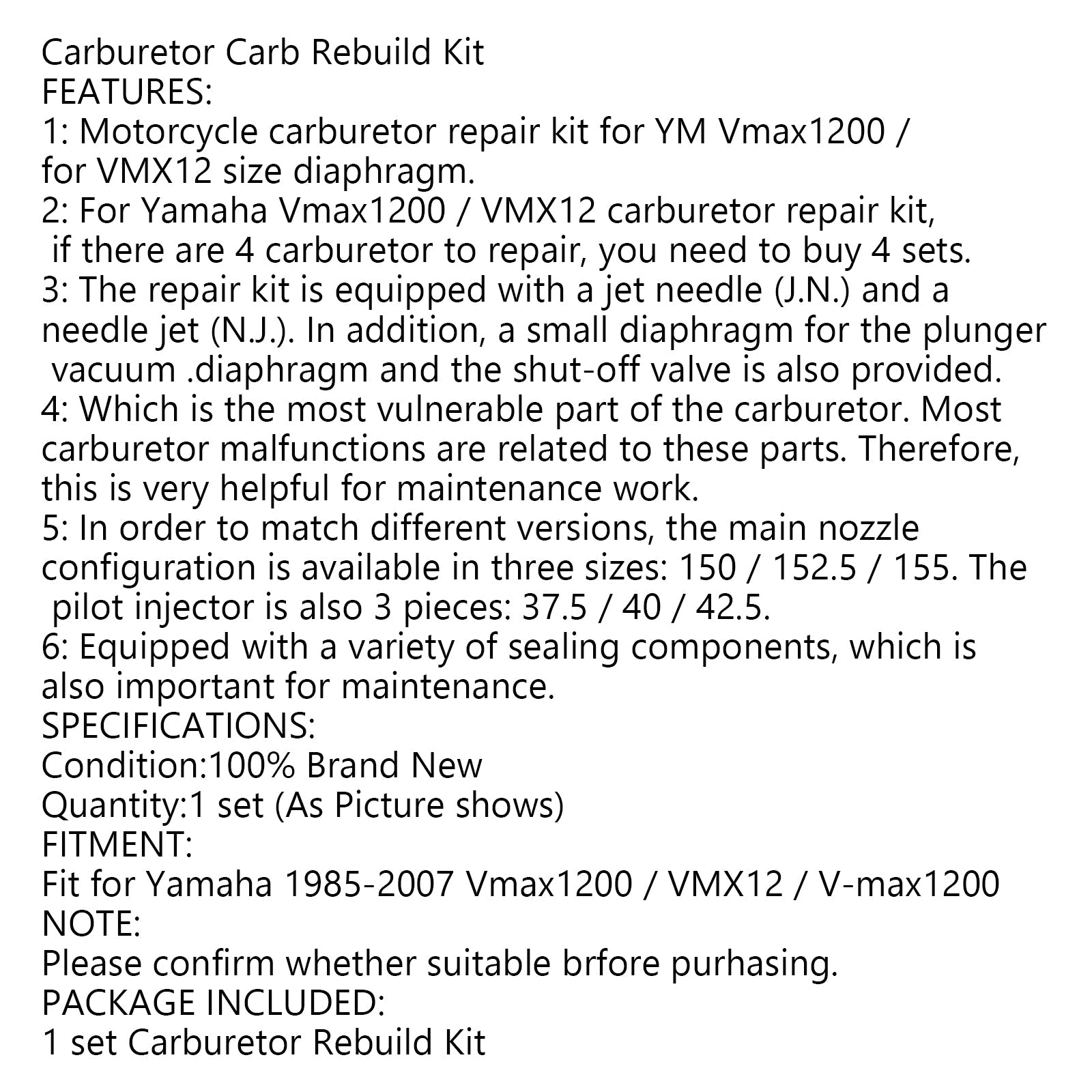 Carburateur herbouw van reparatiekit hoofdjet sub voor yamaha vmax v-max 1200 vmx12 generieke