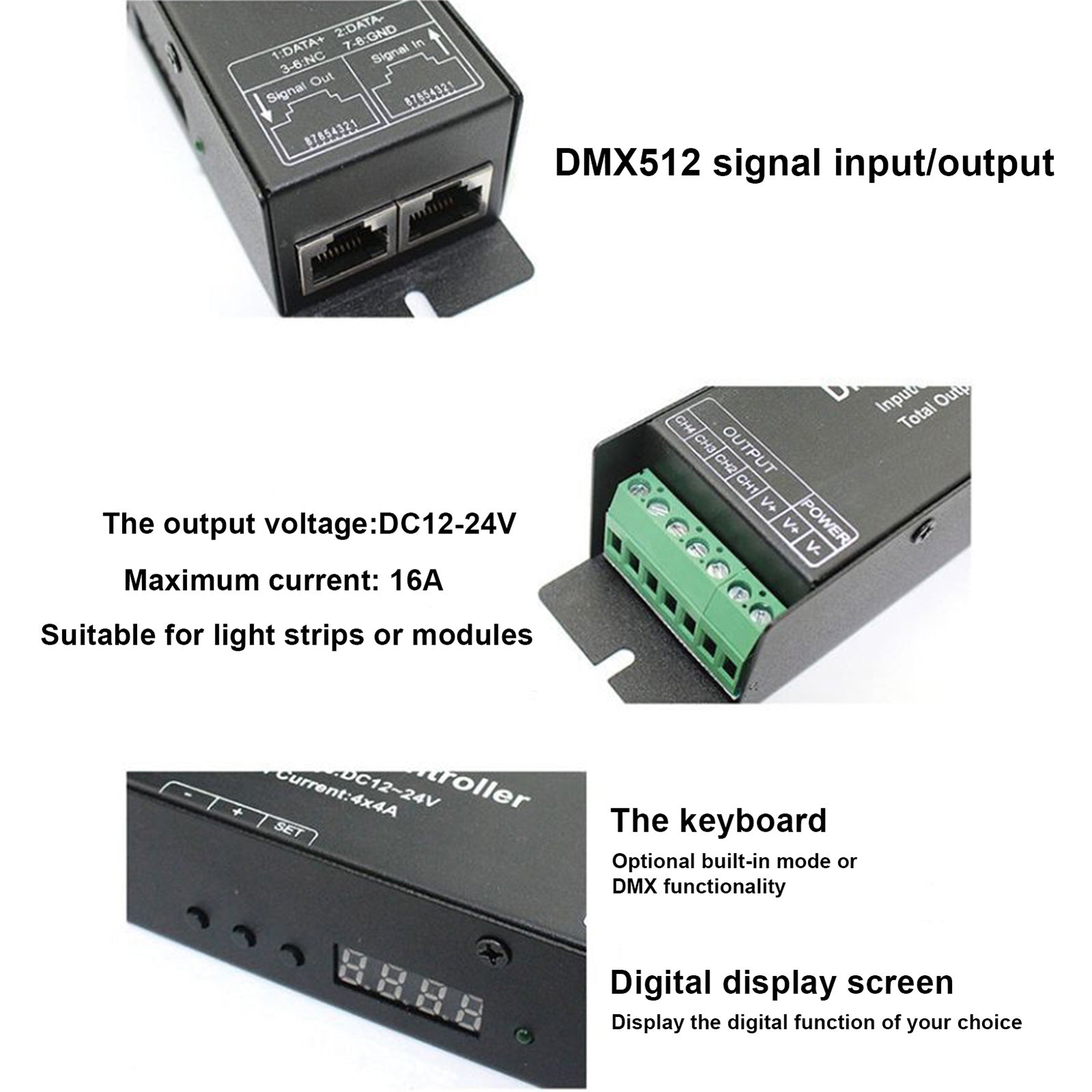 LED RGB DMX512 Decoder Controller DC12-24V 4x4A 16A 4 Channel Digital PWM Dimmer