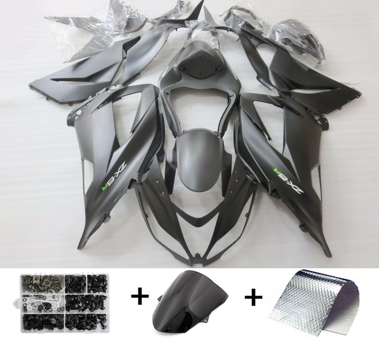 2013-2018 Kawasaki Zx6R Amotopart Carenado negro mate con kit de plástico de inyección de pernos