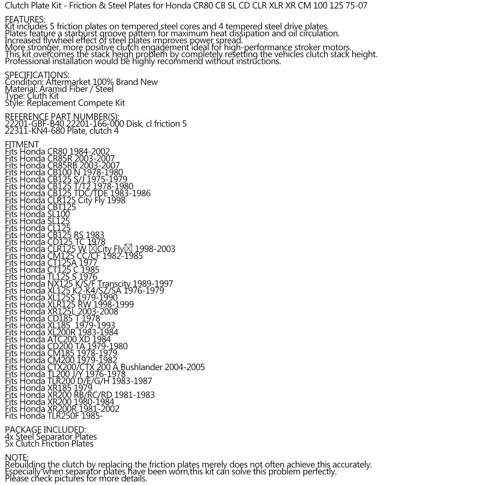 Kit d'embrayage en acier et plaques de Friction pour Honda CR80 CB SL CD CLR XLR XR CM 100 125 générique