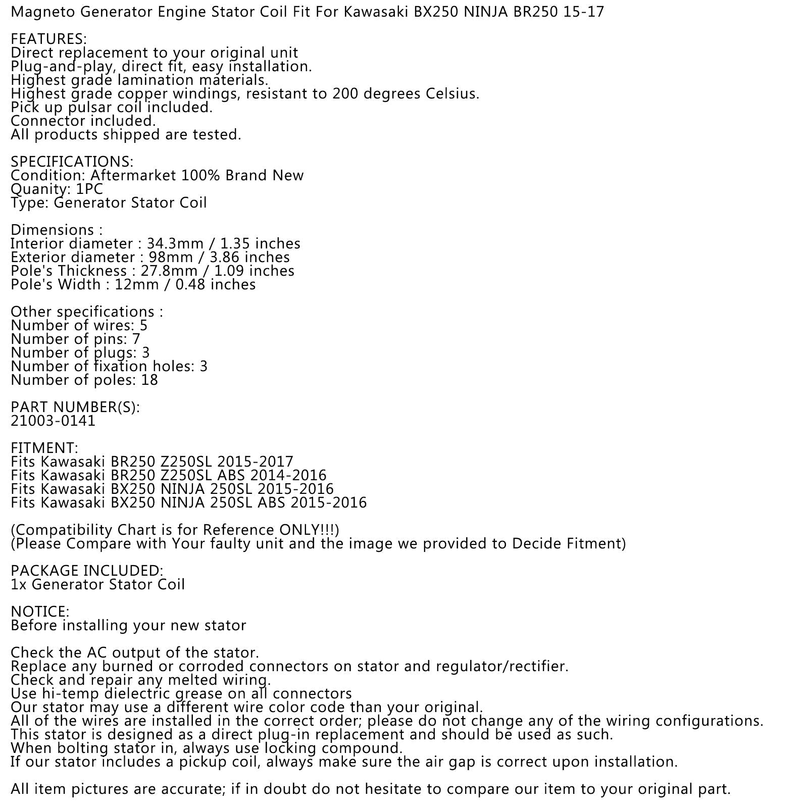 Stator Generator for Kawasaki BR250 Z250SL BX250 Ninja 250SL 2014-17 21003-0141 Generic