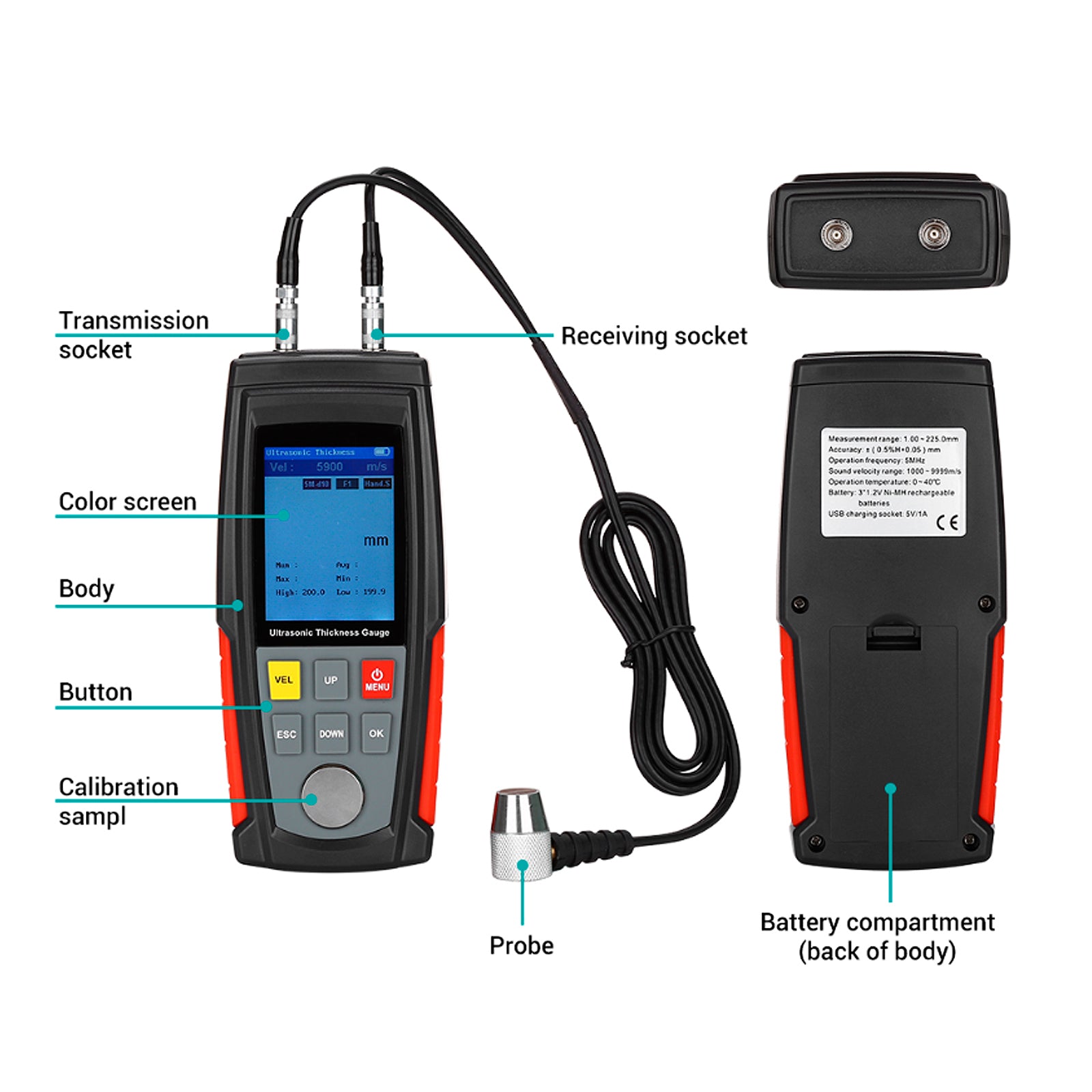 WT100A LCD Tester Tool Smart Sensor Ultrasonic Thickness Gauge Sound Velocity