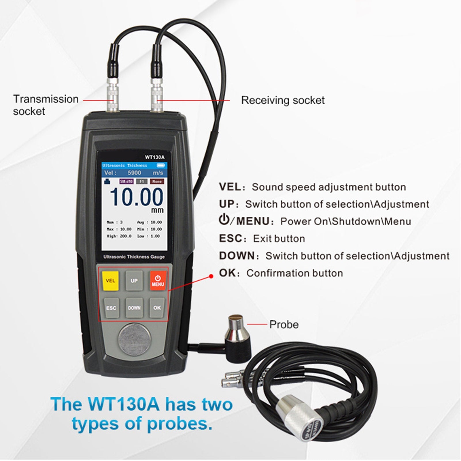 WT100A LCD-testapparaat Slimme sensor Ultrasone diktemeter Geluidssnelheid