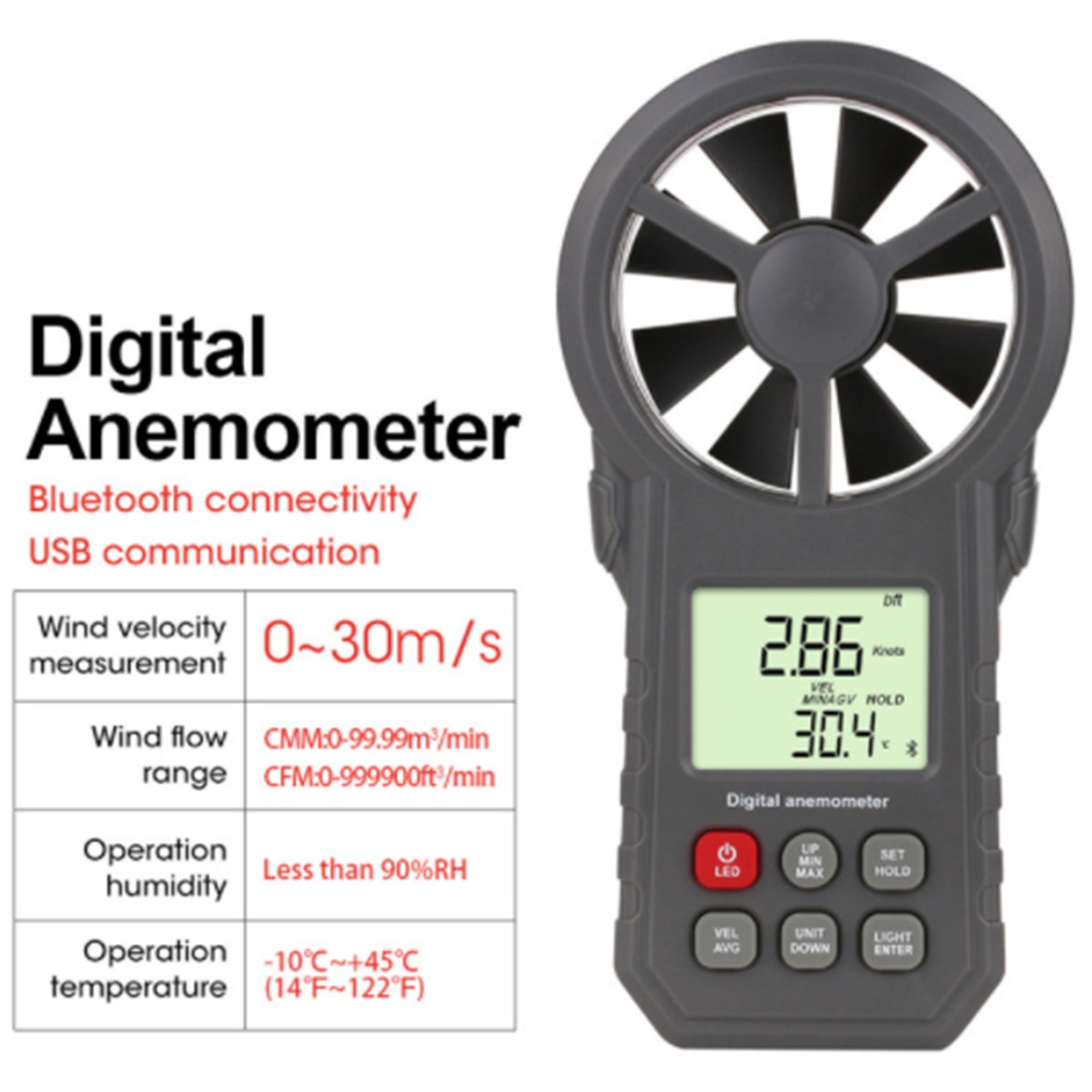 LCD Digitale Anemometer Thermometer Luchtstroommeter Windsnelheidsmeter 0-30M/s