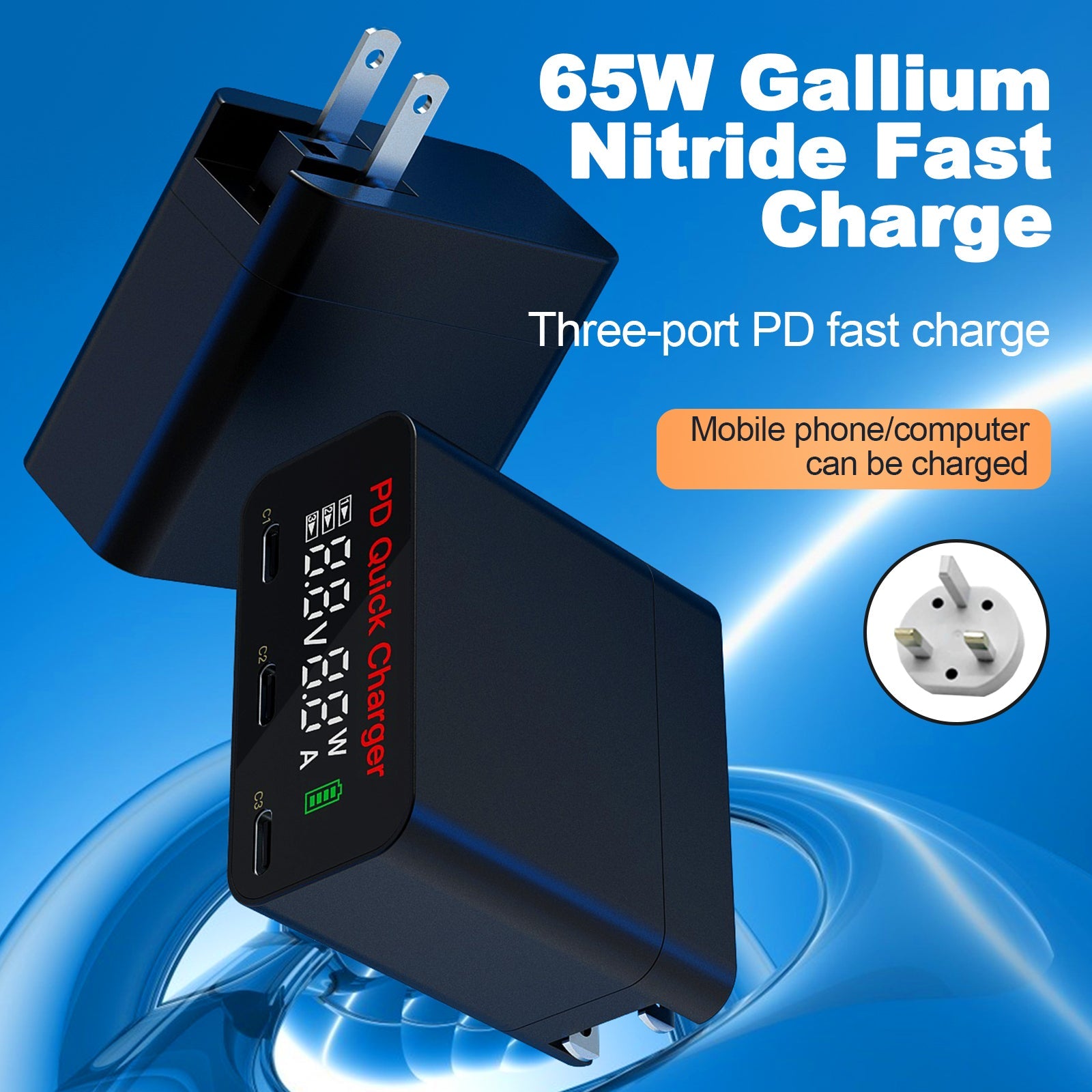 65W Type C Charger PD Quick Charge QC3.0 3 In 1 Multi Port Power Adapter UK Plug