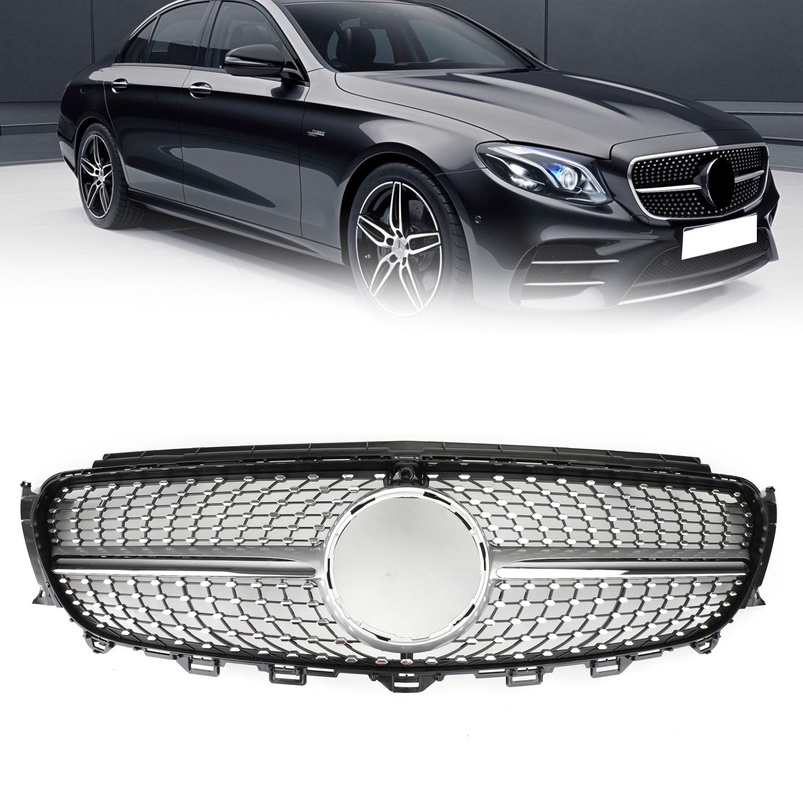 Diamond Silver Border Front Grille Grill Fit Mercedes BenzW213 E300 E400 16-19