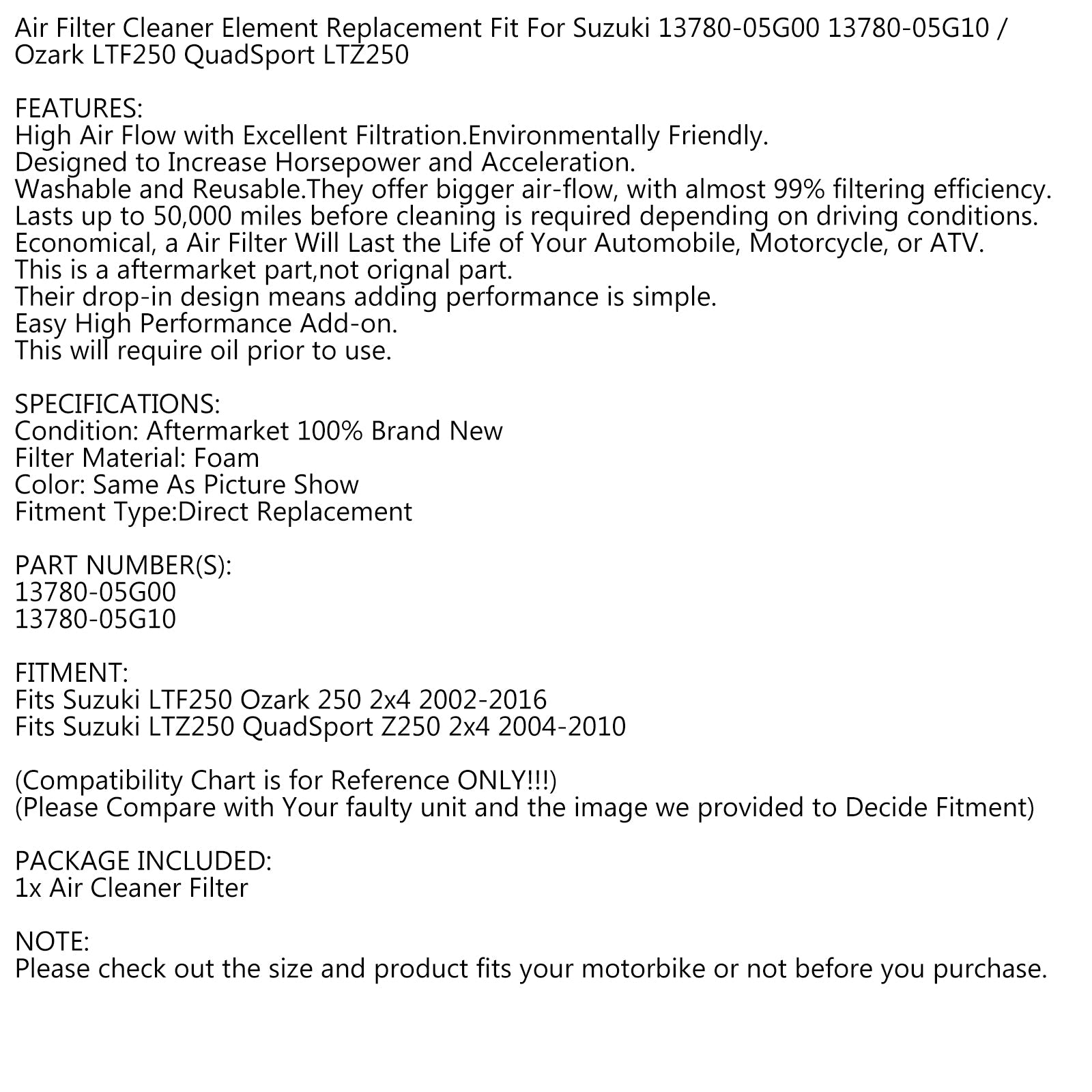 Ensemble de filtre à Air pour Suzuki 13780-05G00 13780-05G10 Ozark LTF250 QuadSport LTZ250 générique