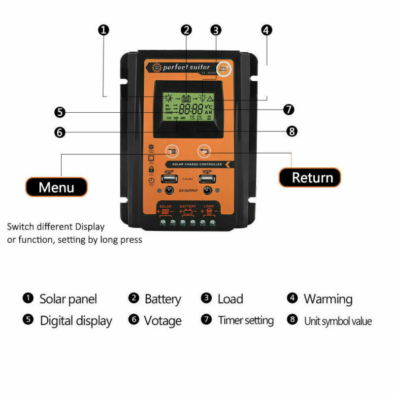 70A 12/24V zonneladercontrollerpaneel Dubbele USB-regelaarbatterij