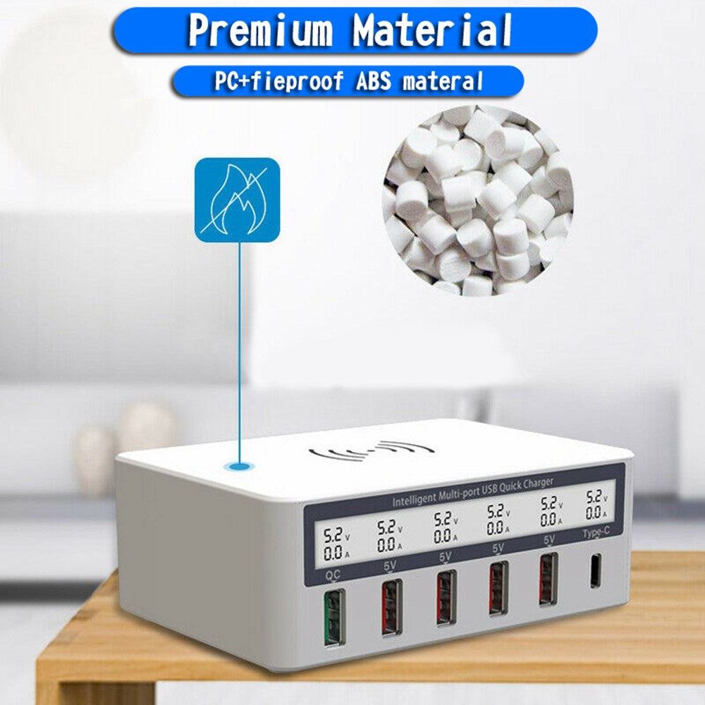 Station de chargeur USB rapide multiport avec chargeur sans fil, écran LCD, ue