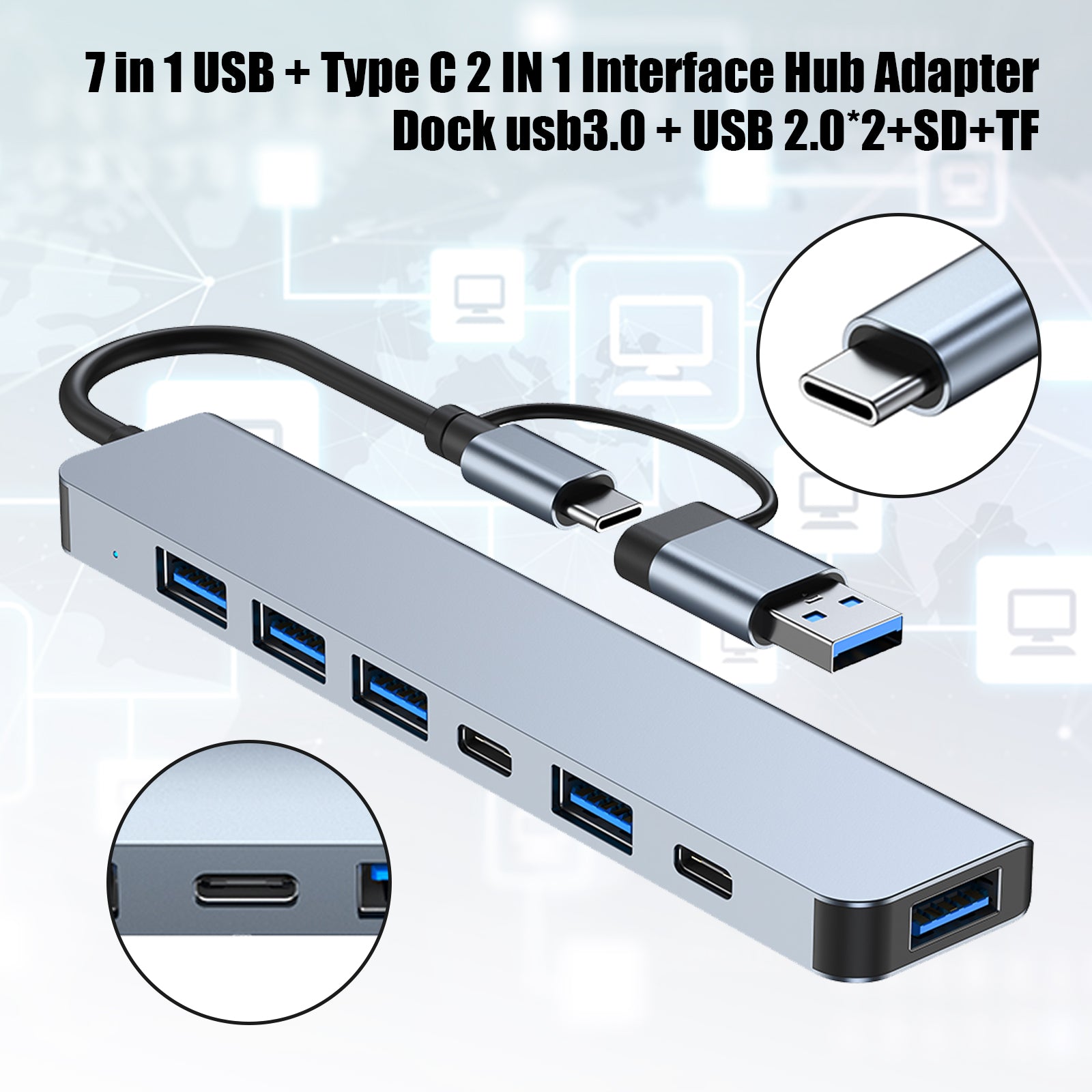 USB + Type C Dual Interface 7 in 1 USBC Hub Adapter Dock usb3.0+USB 2.0*2+SD+TF