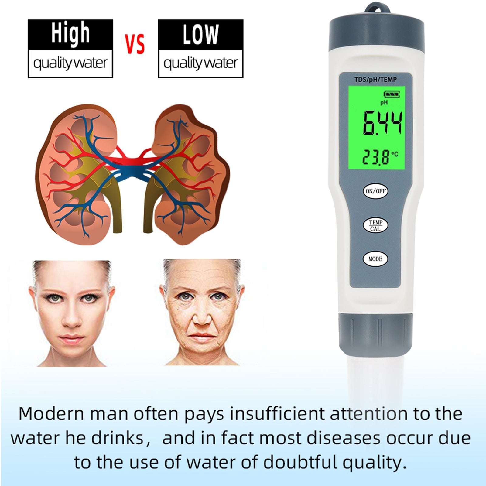 3 In 1 Digital PH TDS TEMP Water Quality Meter Tester Test Pen Tool Low power protection Waterproof