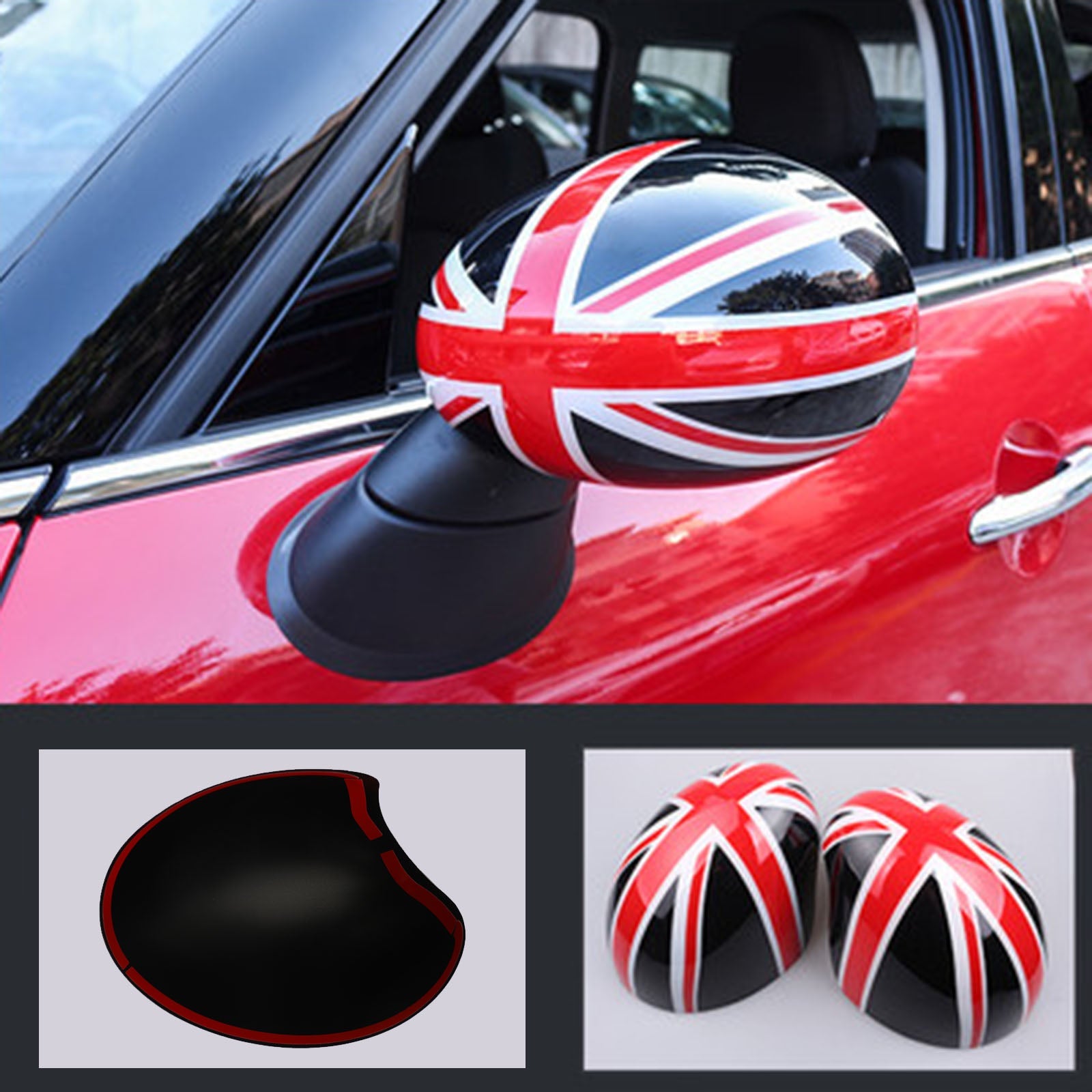 MINI Cooper R55 R56 R57 2 x Housses de rétroviseurs drapeau britannique Union Jack noir/rouge