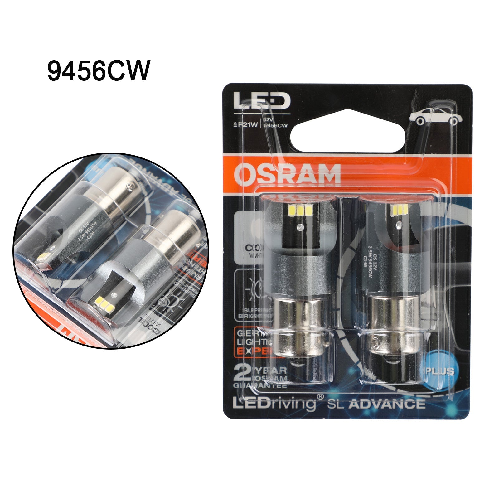 2x For OSRAM 9456CW Car Auxiliary Bulbs LED P21W 12V2.5W BA15s Generic