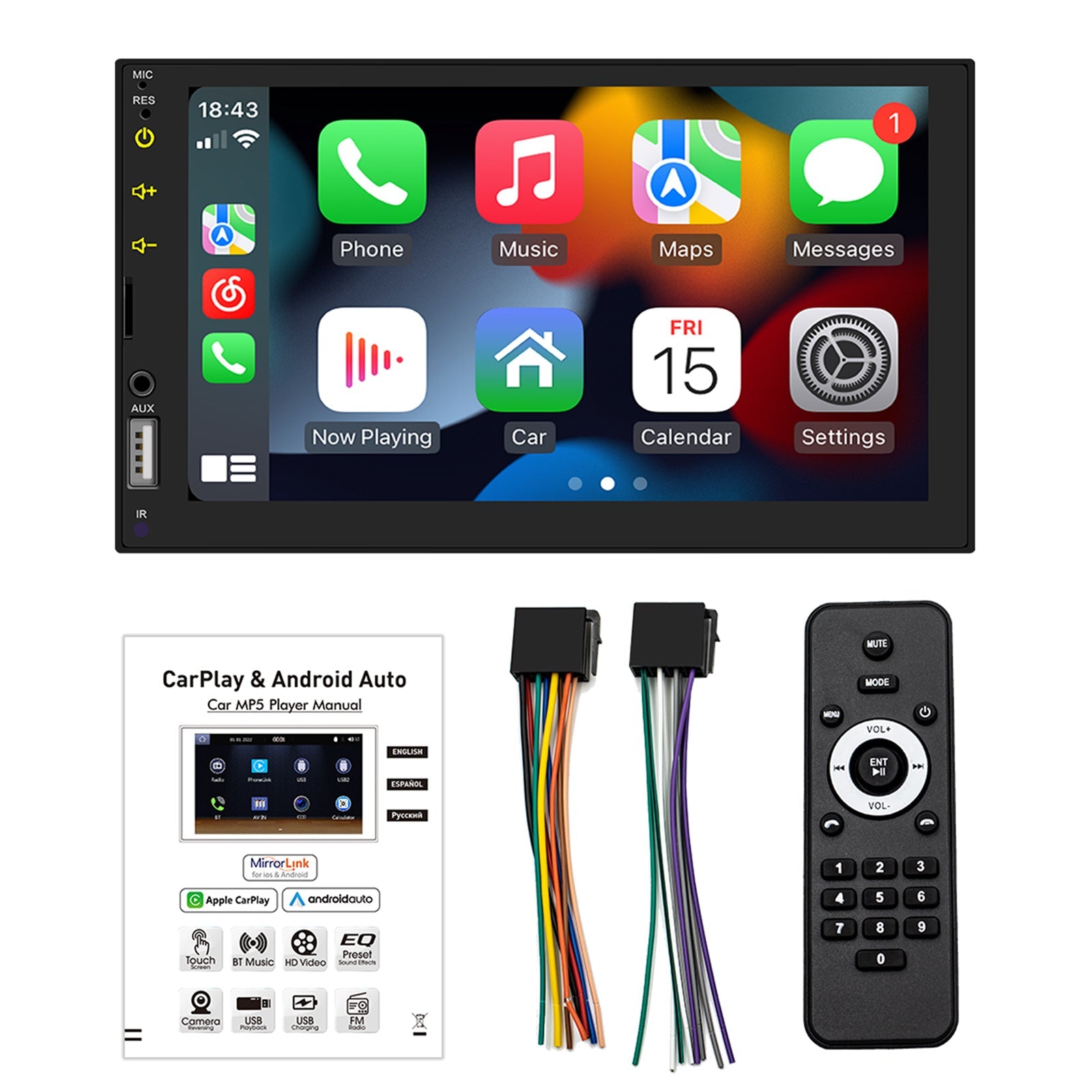 Lecteur MP5 de voiture Carplay filaire 7 ", Bluetooth, carte MP3, Radio + 4 caméras LED