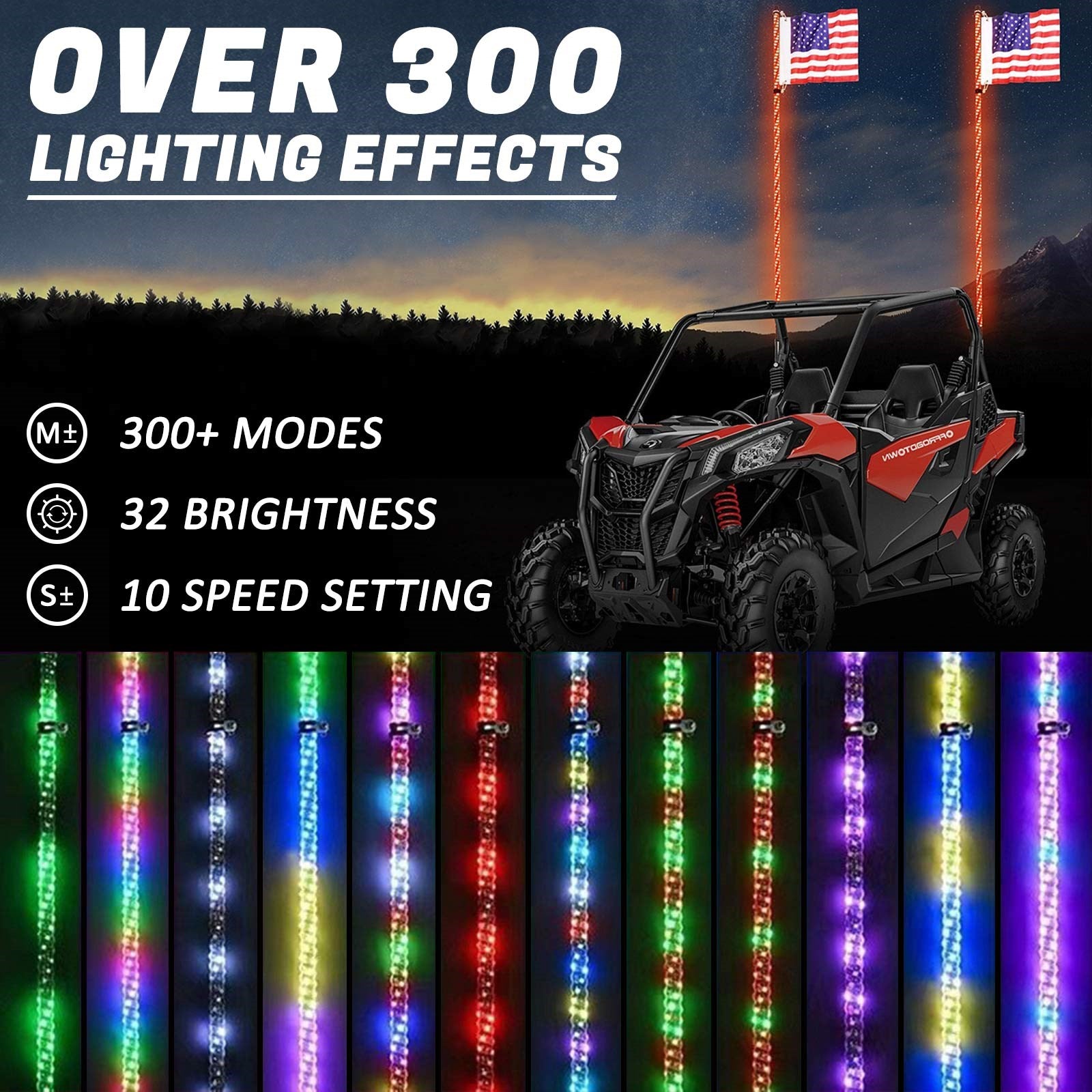 2X 4ft RGB LED APP Whip Lights Antenna W/ Flag Remote Control For Polaris UTV ATV