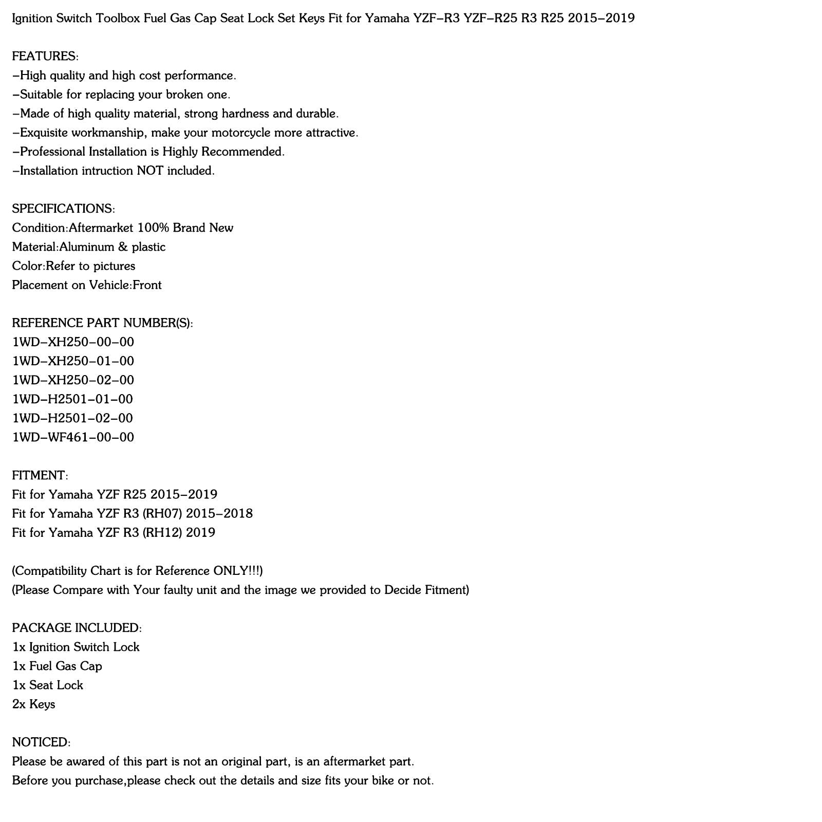 Ignition Switch Fuel Gas Cap Seat Lock Set Fit for Yamaha YZF R3 R25 2015-2019 Generic