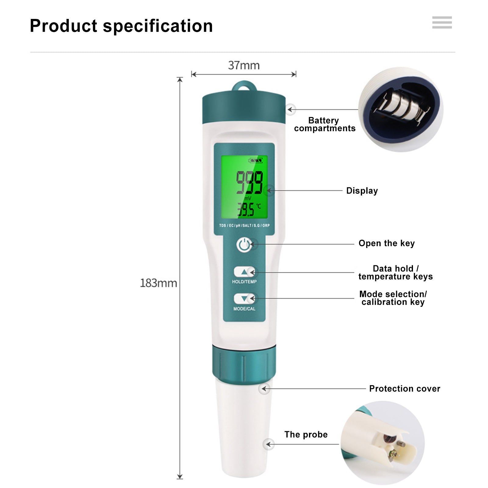 Testeur de qualité de l'eau rétro-éclairé 7 en 1 PH/TDS/EC/ORP/TEMP/SG/salinité