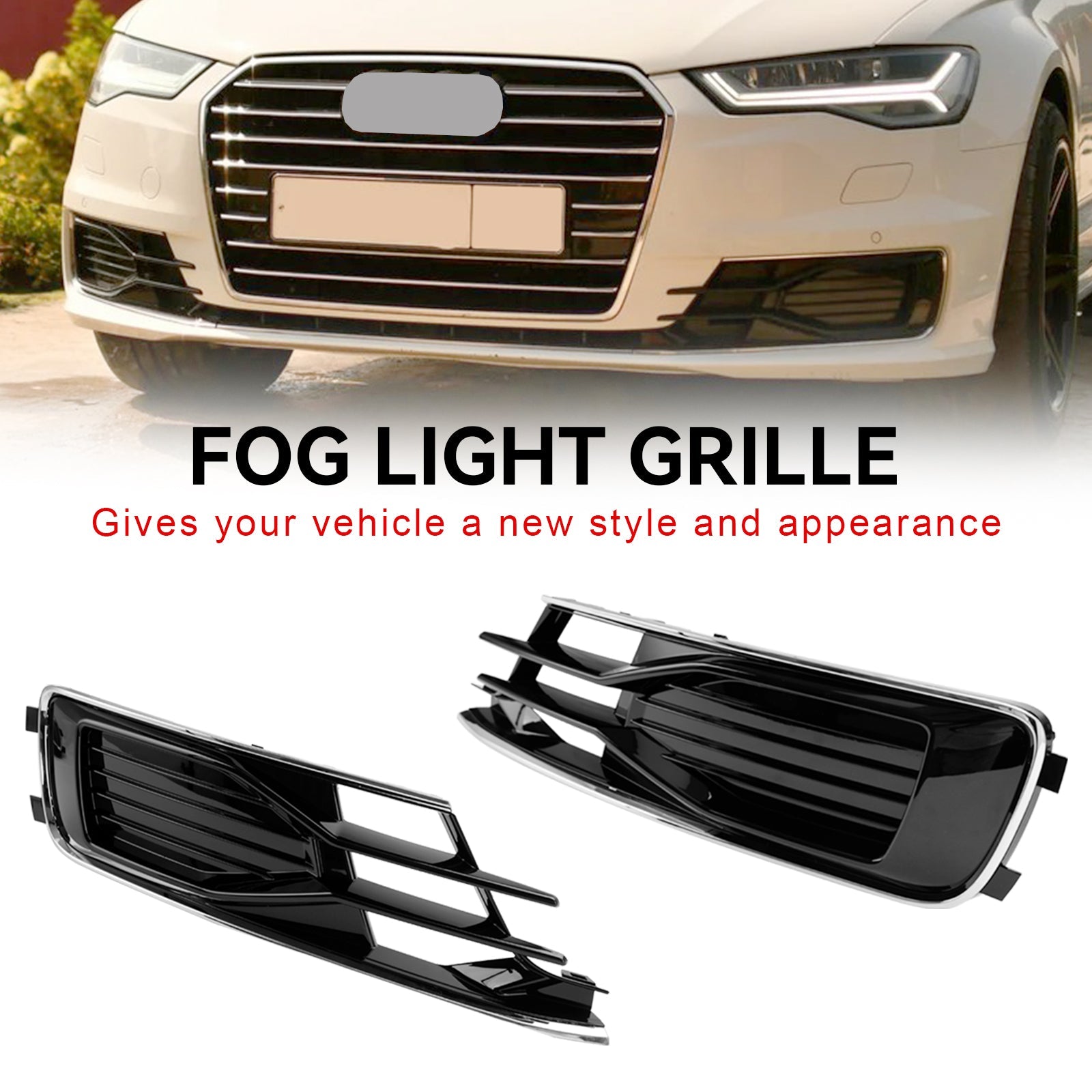 Audi A6 C7 2014-2018 2PCS Front Bumper Foglight Cover Grill Black Chrome