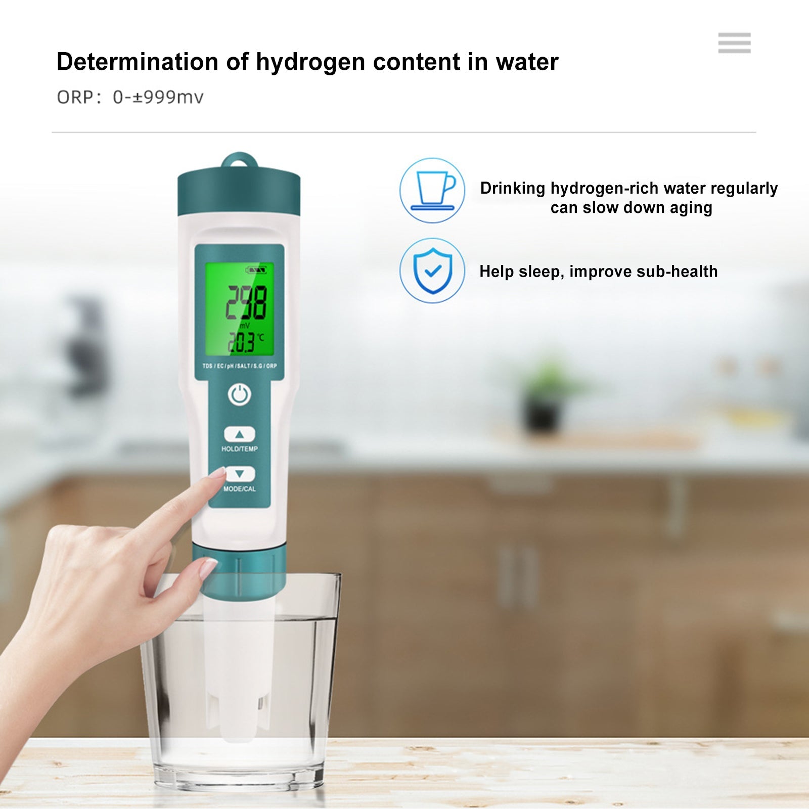 Testeur de qualité de l'eau rétro-éclairé 7 en 1 PH/TDS/EC/ORP/TEMP/SG/salinité