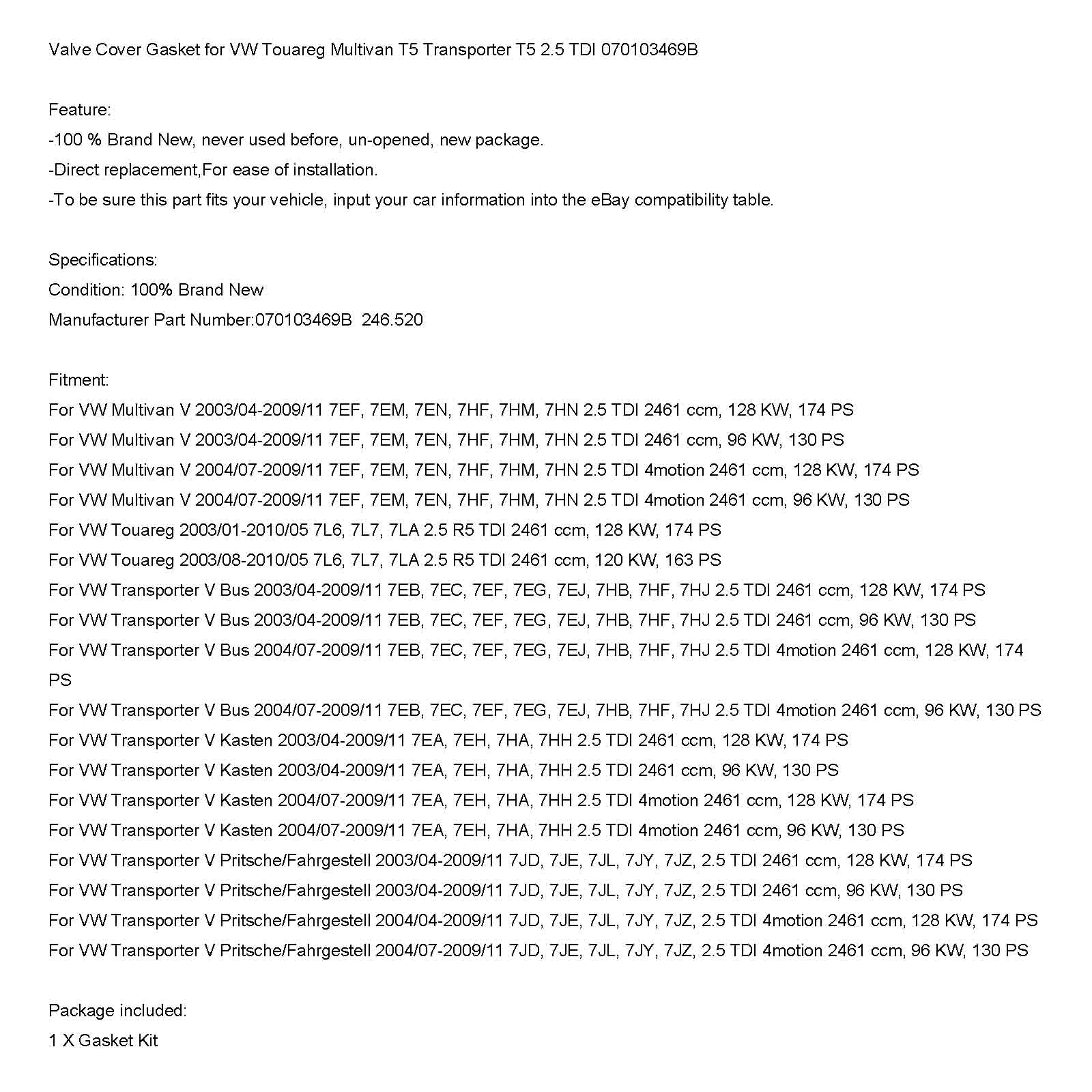 Kleppendekselpakking voor VW Touareg Multivan T5 Transporter T5 2.5 TDI 070103469B