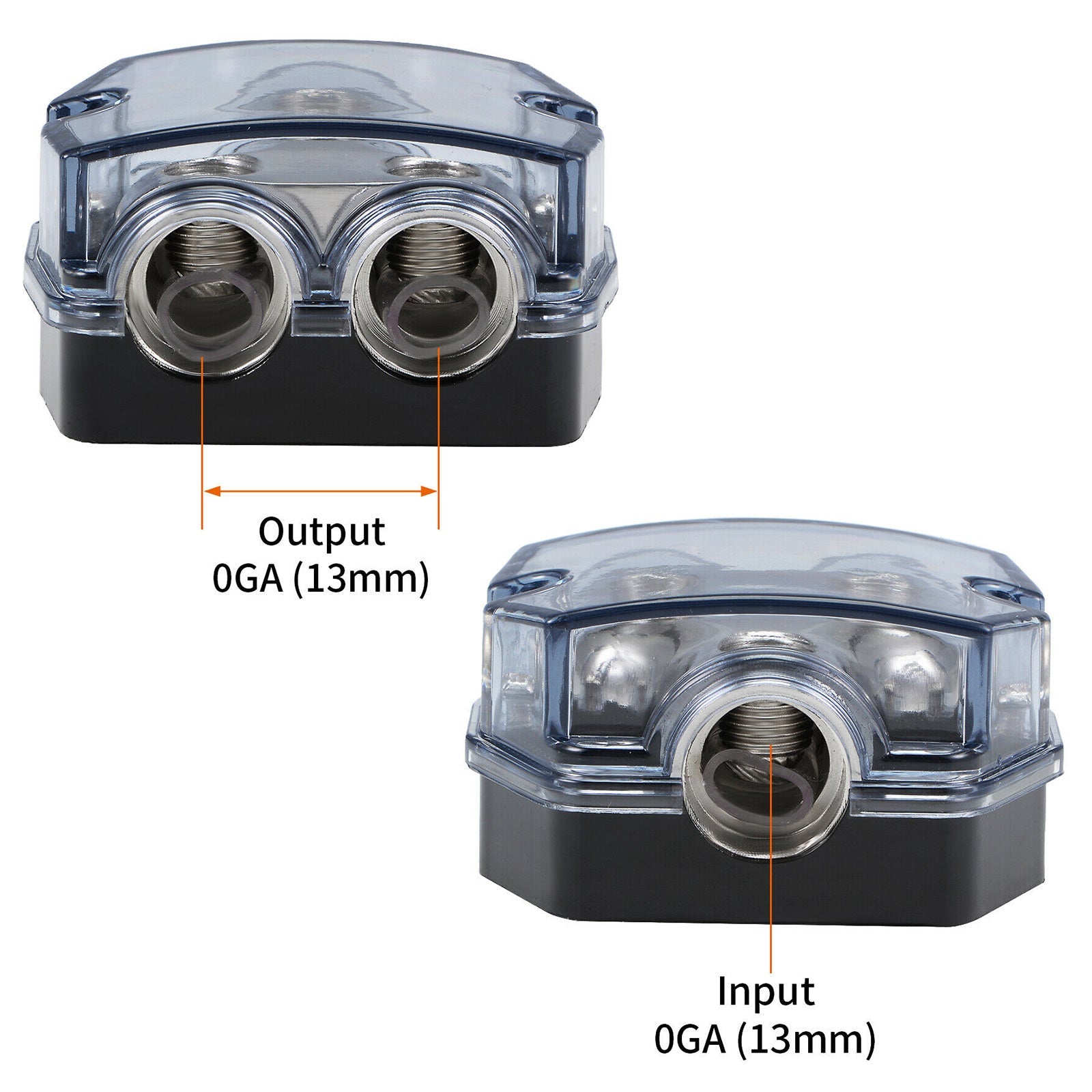 Hittebestendige, doorzichtige plastic behuizing, vernikkeld splitter, verdeelblok, 1x0 in, 2x0 GA uit, bloksplitter, zekeringkast voor auto-audio, marine