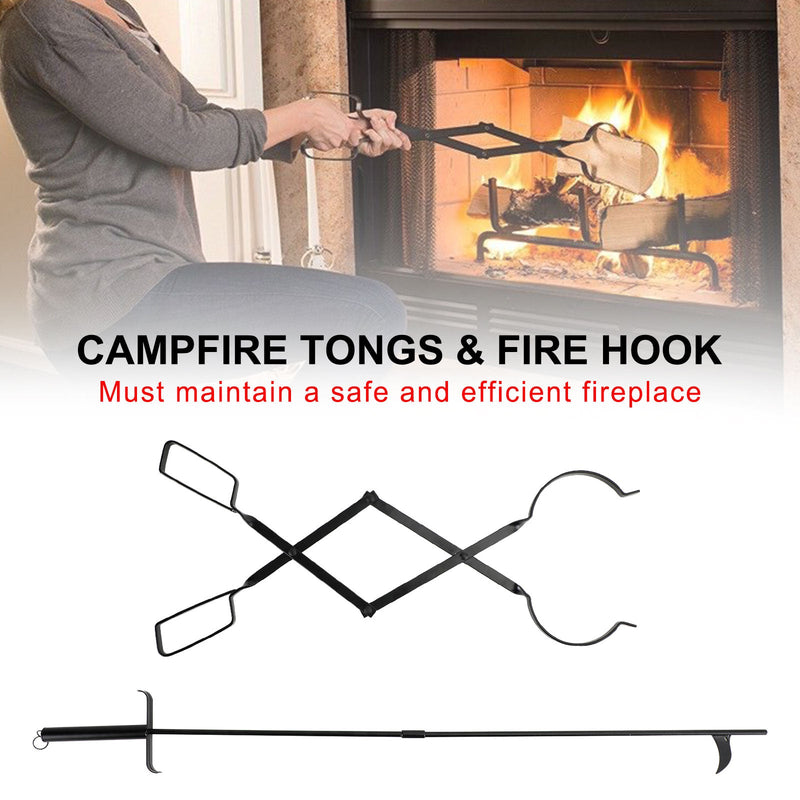 2PCS Hearth Tool Fireplace Set Fire Tools Set Campfire Tongs Fire hook Black