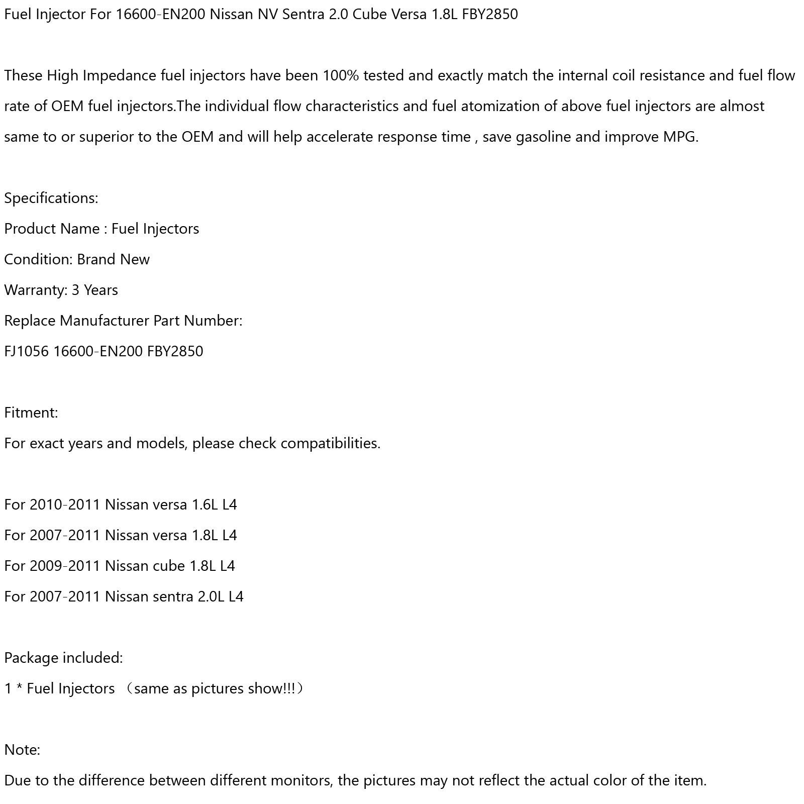 1pcs Fuel Injector Fit 16600-EN200 Nissan NV Sentra 2.0 Cube Versa 1.8L FBY2850 Generic
