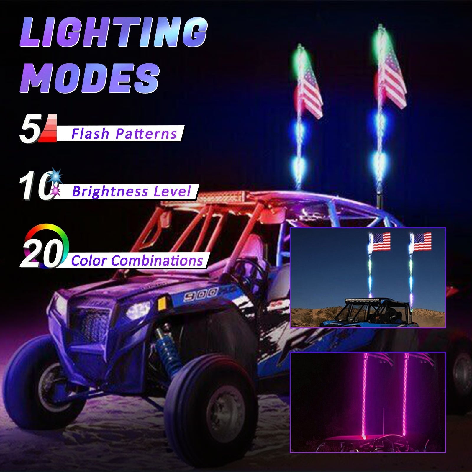 Antenne fouet lumineuse avec application LED RGB, 2x 4 pieds, avec télécommande drapeau, pour Polaris UTV ATV