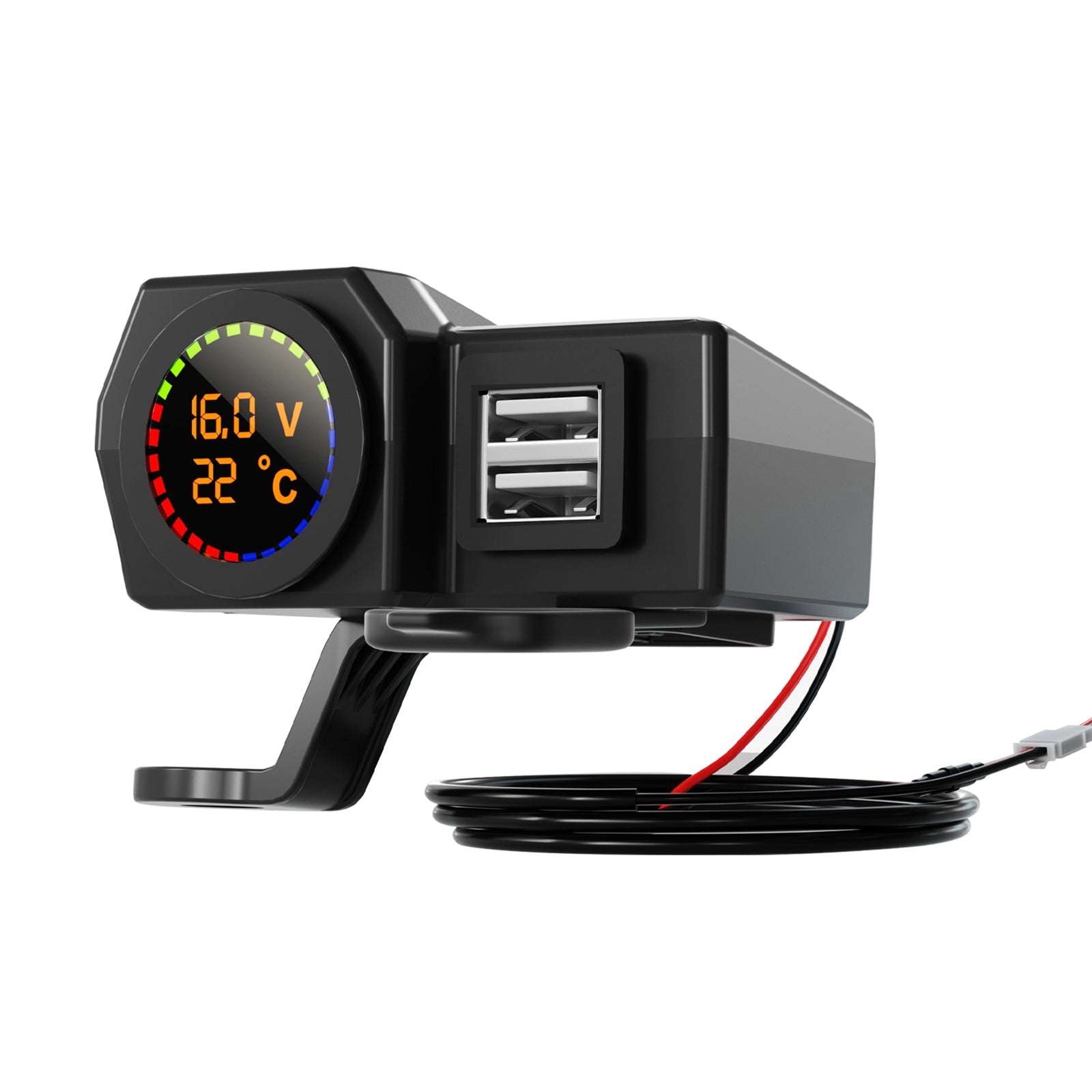 Qc3.0 Voltmeter Telefoonoplader Beugel Temperatuurmeter voor motorfiets-scooter Zwart Generiek