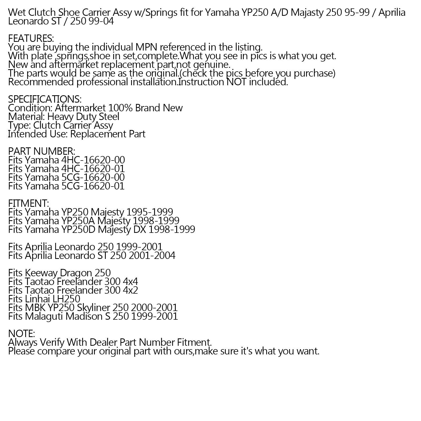 Schoendrager voor natte koppeling met veren voor Yamaha YP250 YP 250 A/D Majesty 95-99 Generiek