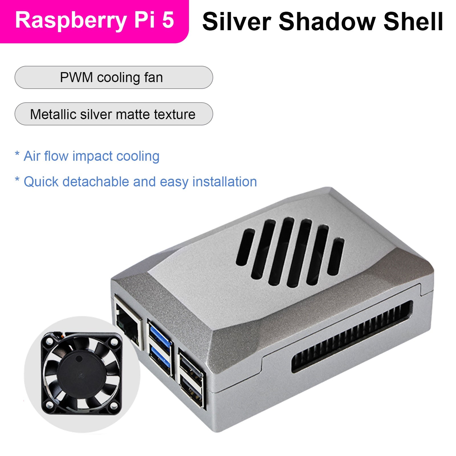 Silver Shadow Shell Raspberry pi5 Beschermdoos ABS Materiaal Snelheidsregeling Fan