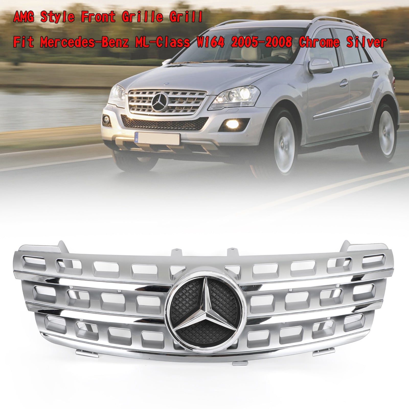 2005-2008 Benz ML Class W164 AMG Style Front Grille Grill Chrome Silver Generic