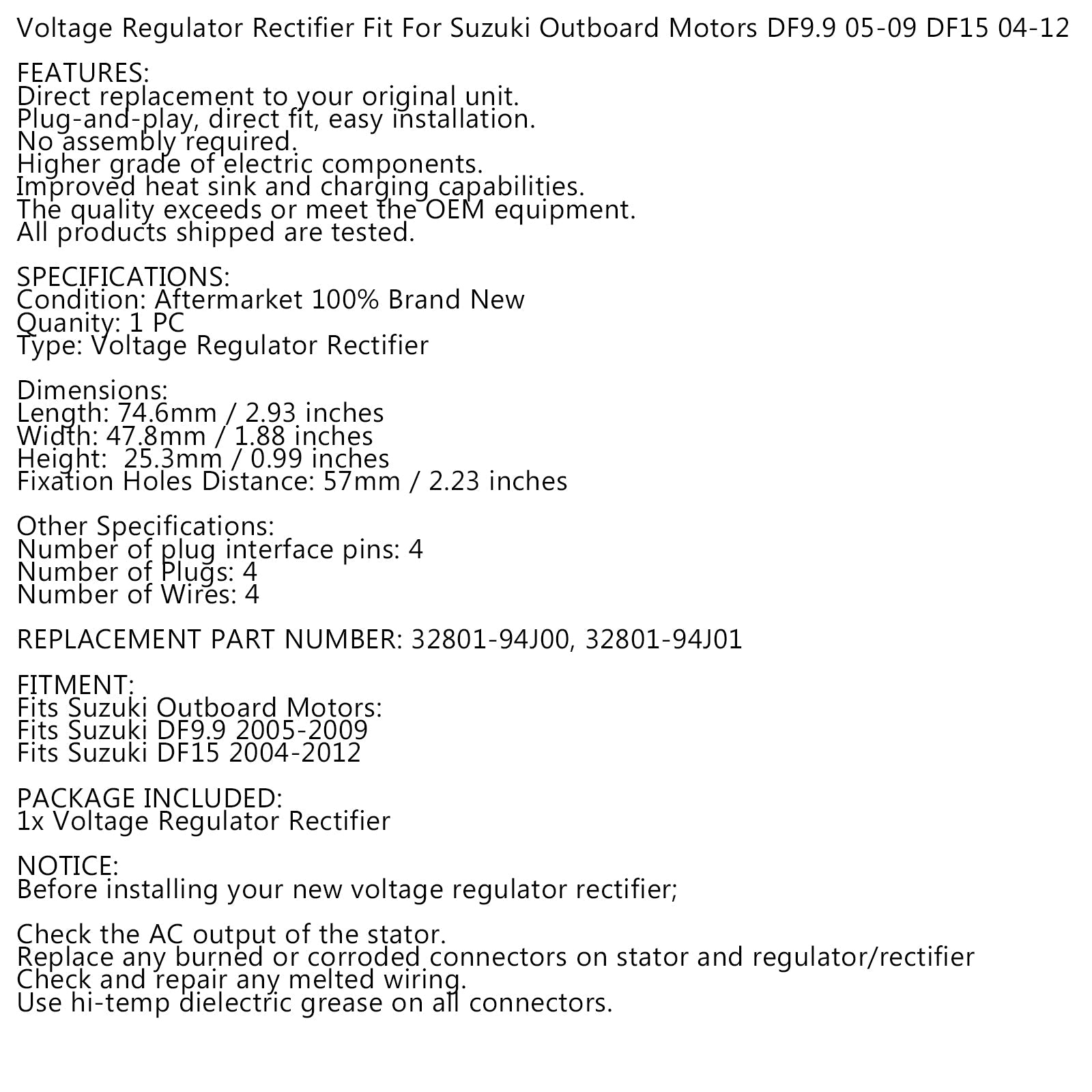 Likeretterspenningsregulator for Suzuki DF9.9 05-09 DF15 04-12 påhengsmotorer Generisk