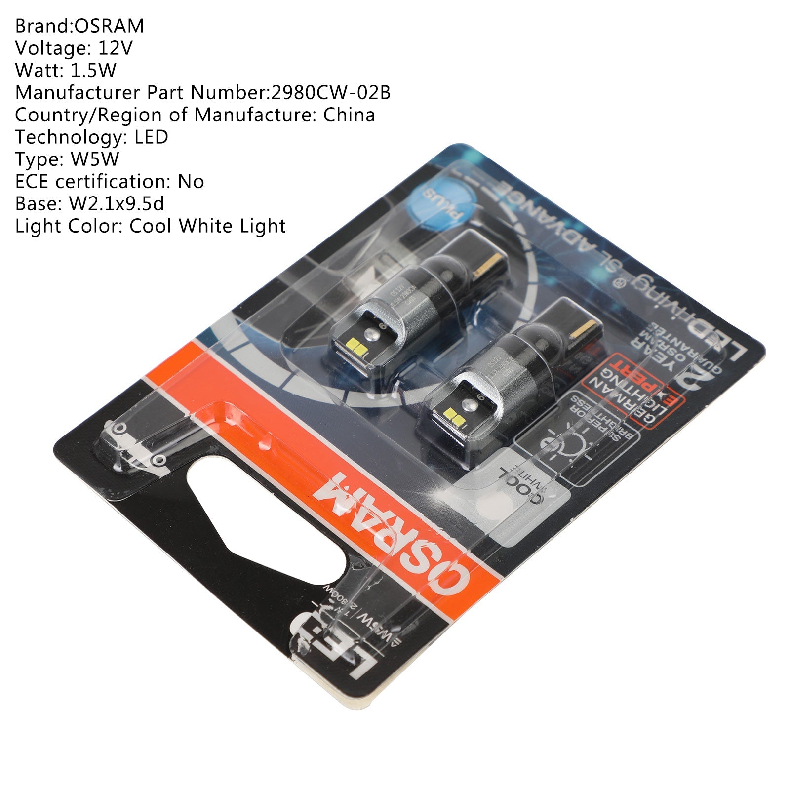 2x Voor OSRAM 2980CW Auto-hulplampen LEDW5 W 12V1.5WW2 .1x9.5d Generiek