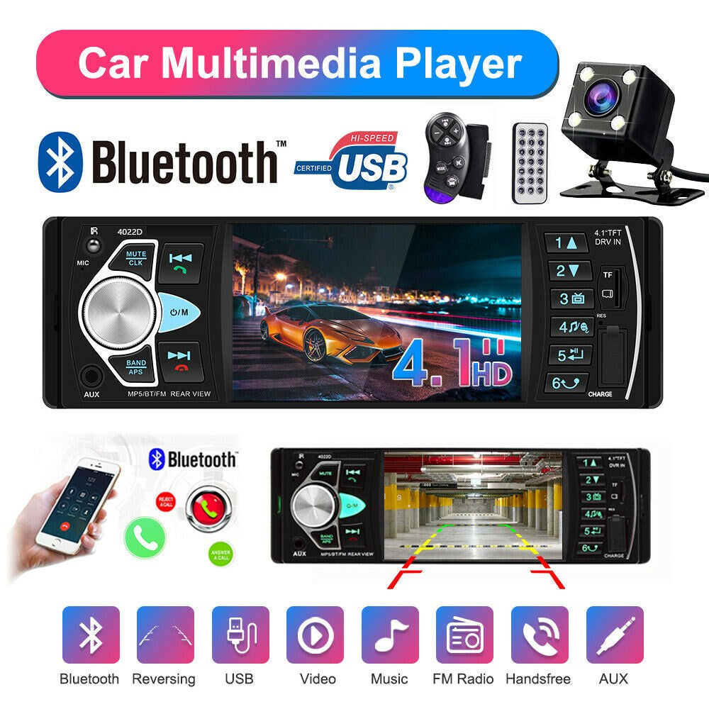 4.1In Car Radio Stereo 1DIN Bluetooth FM USB AUX Audio MP5 Player with Camera