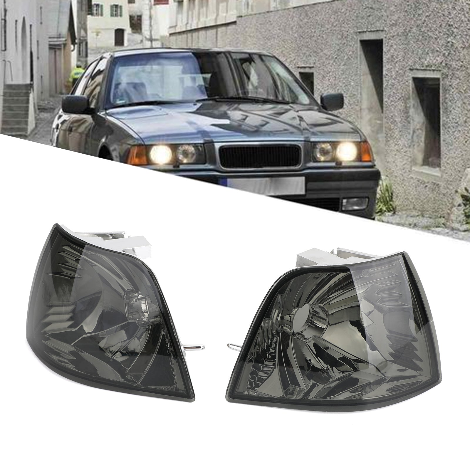 BMW Série 3 E36 4DR 1992-1998 Feux d'angle fumés Paire de feux de stationnement compatibles génériques