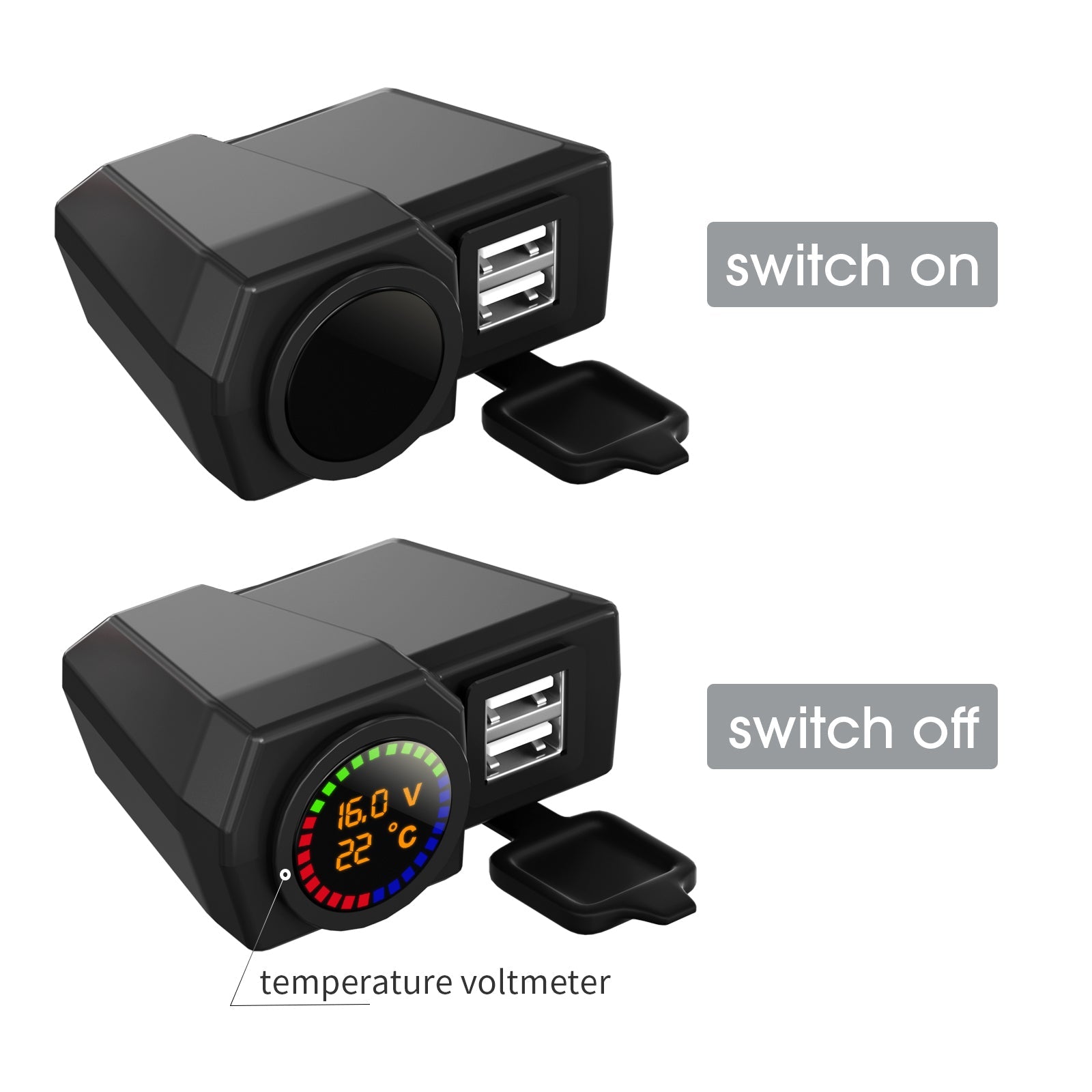 Qc3.0 Voltmeter Telefoonoplader Beugel Temperatuurmeter voor motorfiets-scooter Zwart Generiek