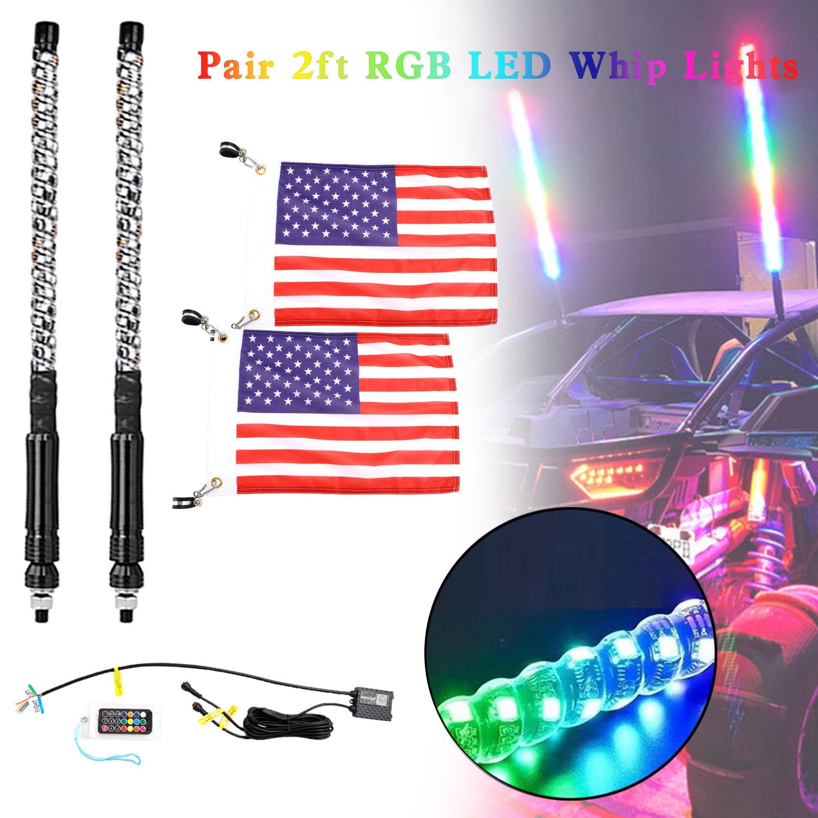 Antenne fouet lumineuse avec application LED RGB, 2x 2 pieds, avec télécommande drapeau, pour Polaris UTV ATV