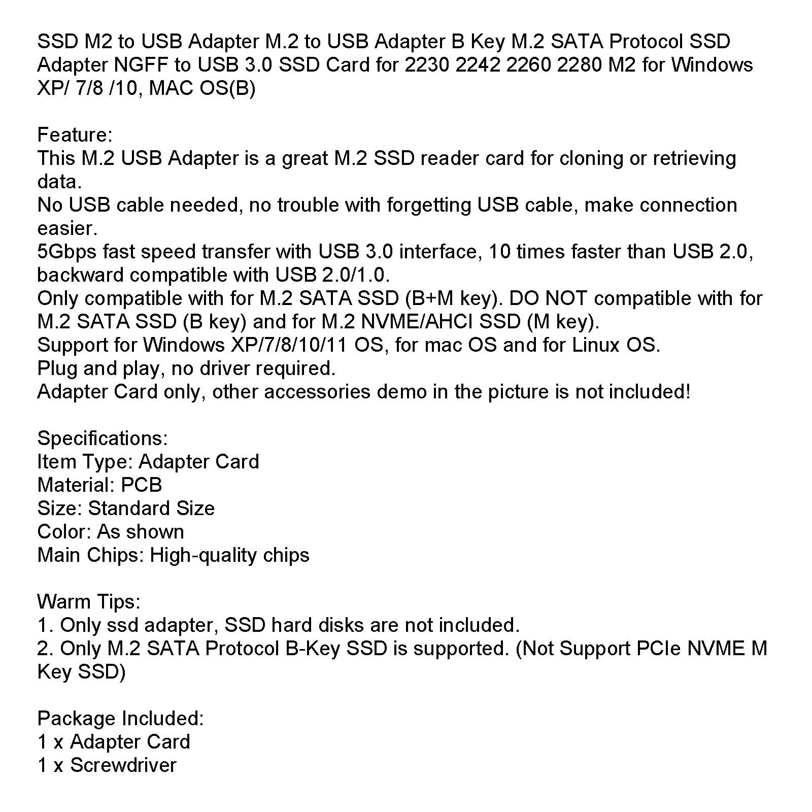 Adaptateur M.2 vers USB clé B adaptateur SSD protocole M.2 SATA pour 2230 2242 2260 2280