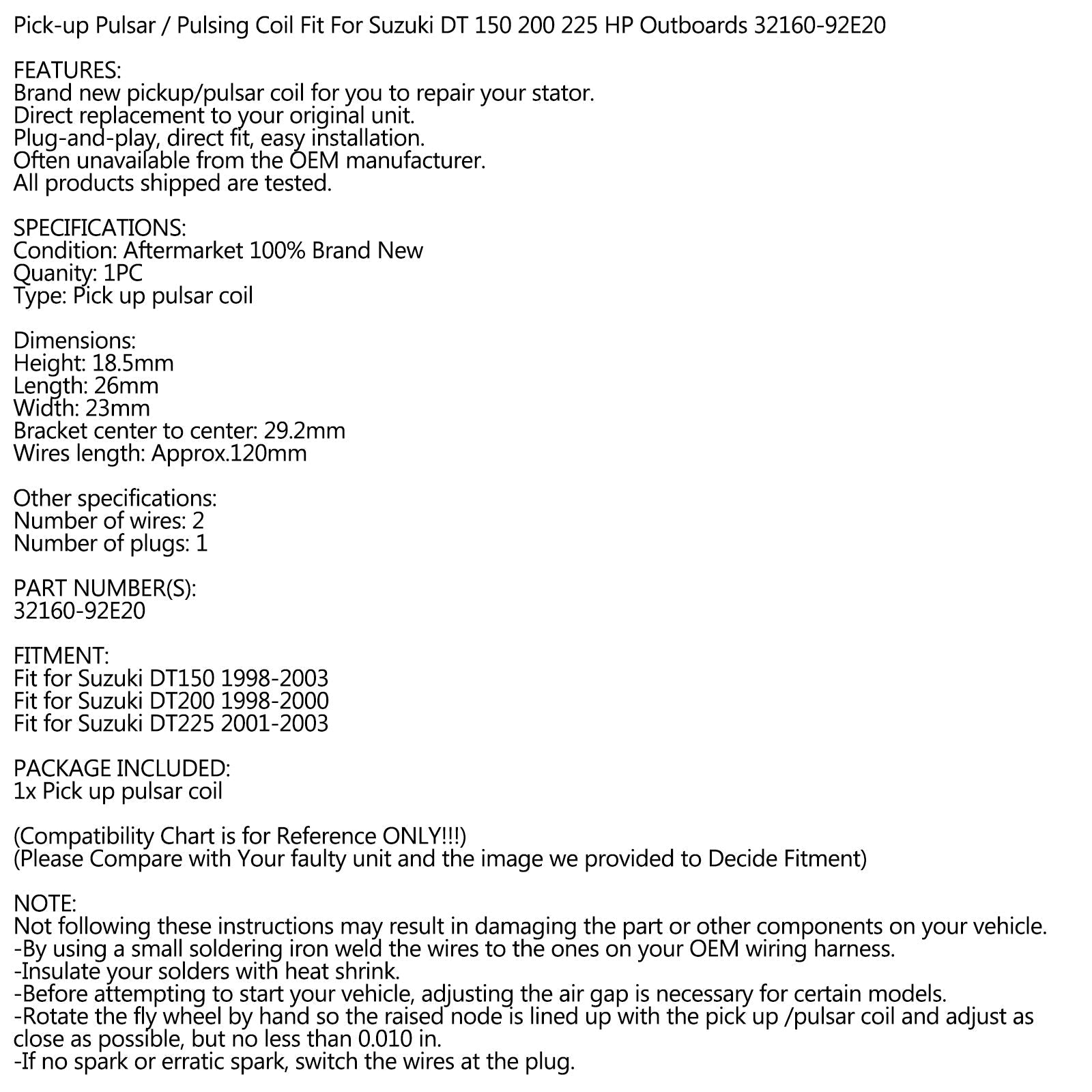 Areyourshop Outboard Timing Coil Pulse Fit for Suzuki DT 150 200 225 Hp 98-2003 32160-92E20
