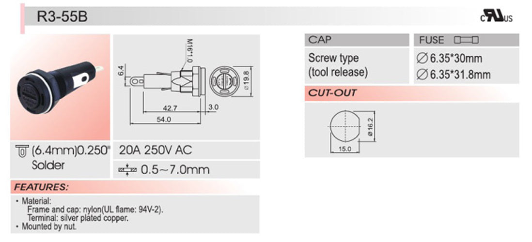 1 pièces SCI R3-55B support de fusible de châssis pour fusibles en verre 6x30mm 20A 250V